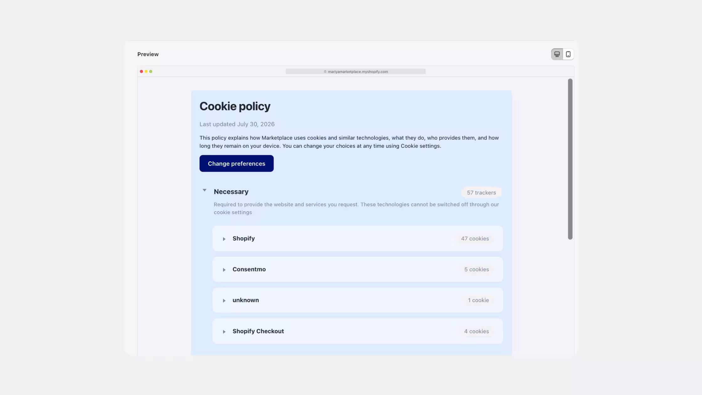 Smart Cookie Policy preview showing cookie categories, providers, tracker counts, and preference controls.