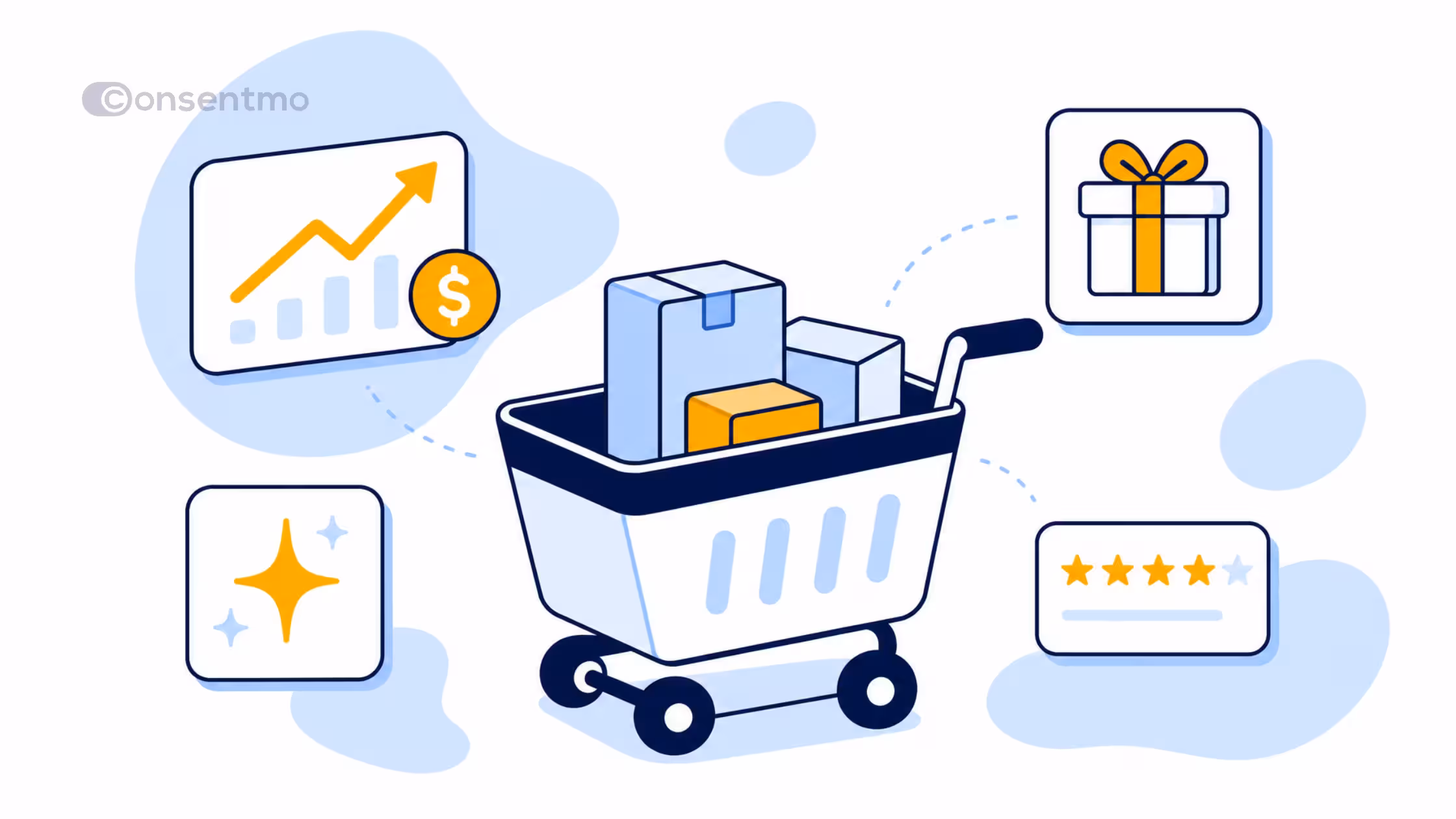 Shopping cart illustration showing increased sales, gifts, and customer ratings.