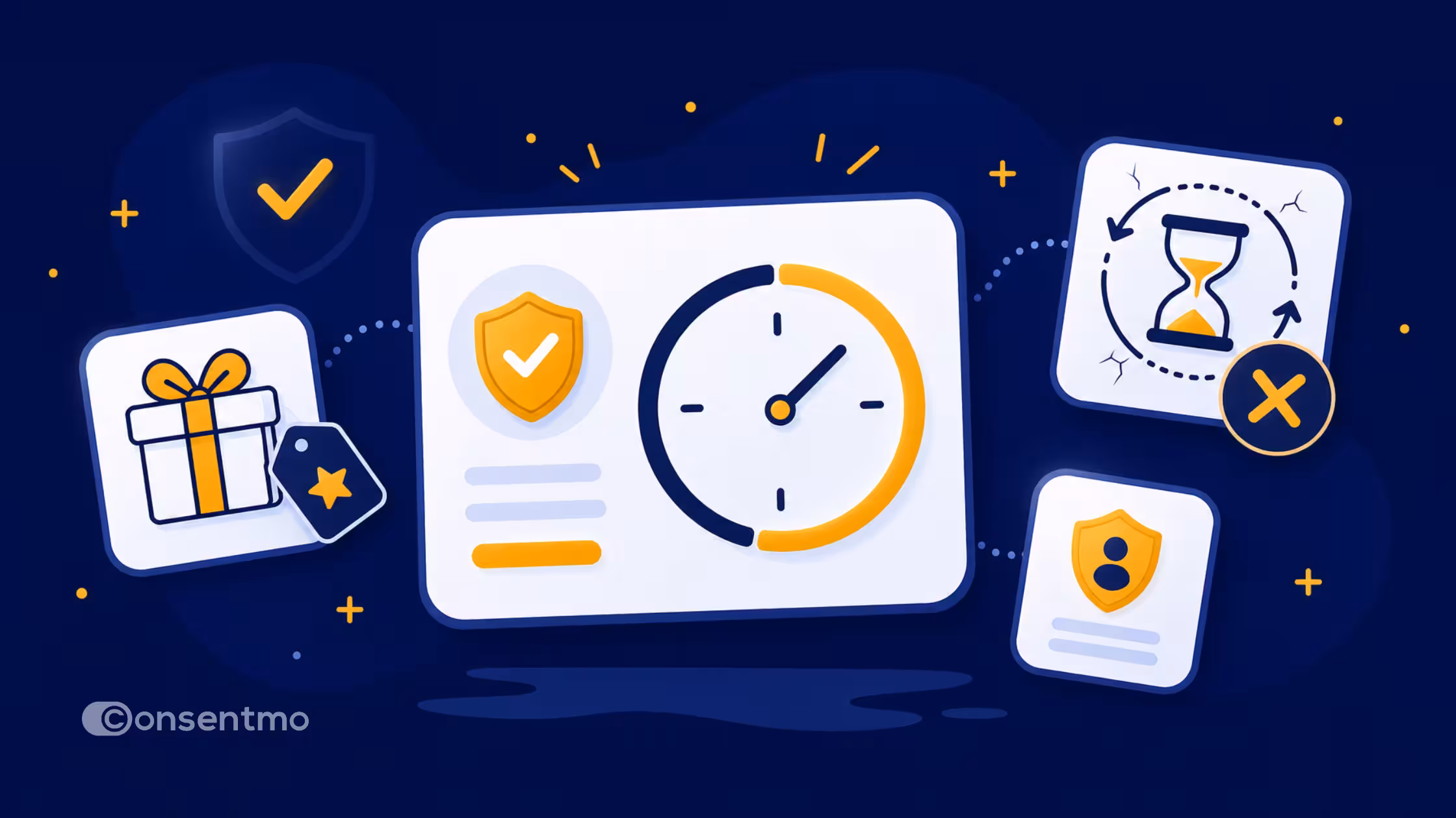 Compliant promotions illustration with timers, offers, and privacy safeguards.