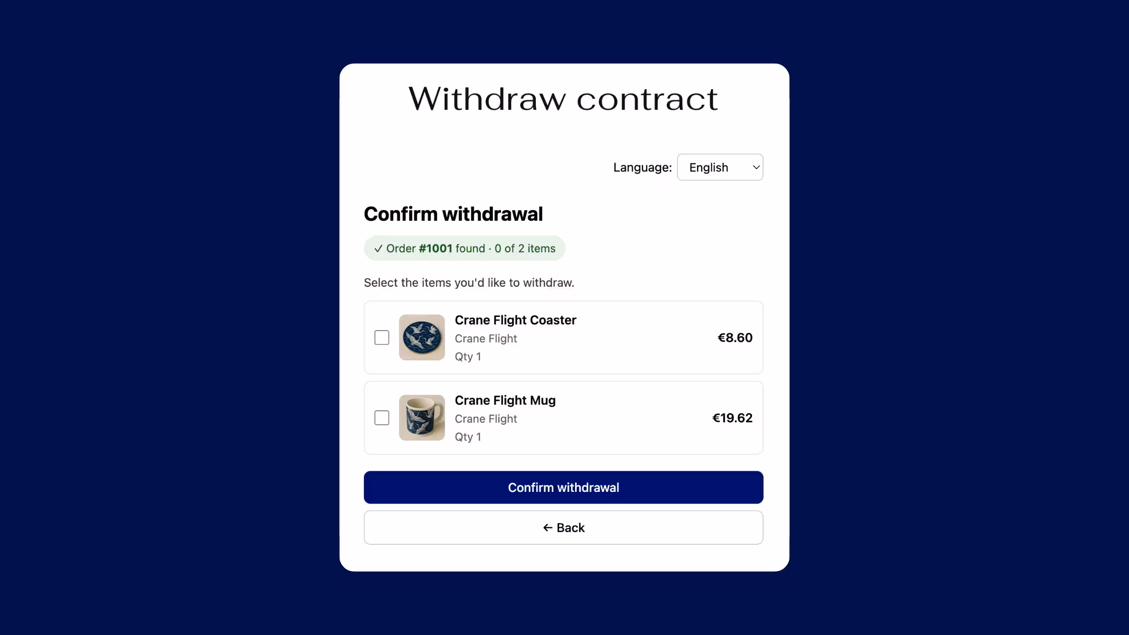 EU withdrawal page by Consentmo showing order items and contract withdrawal confirmation.