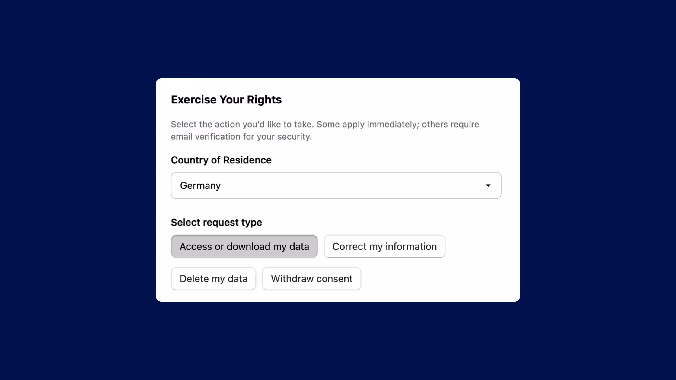 Consentmo privacy request form for exercising GDPR data rights in Germany.