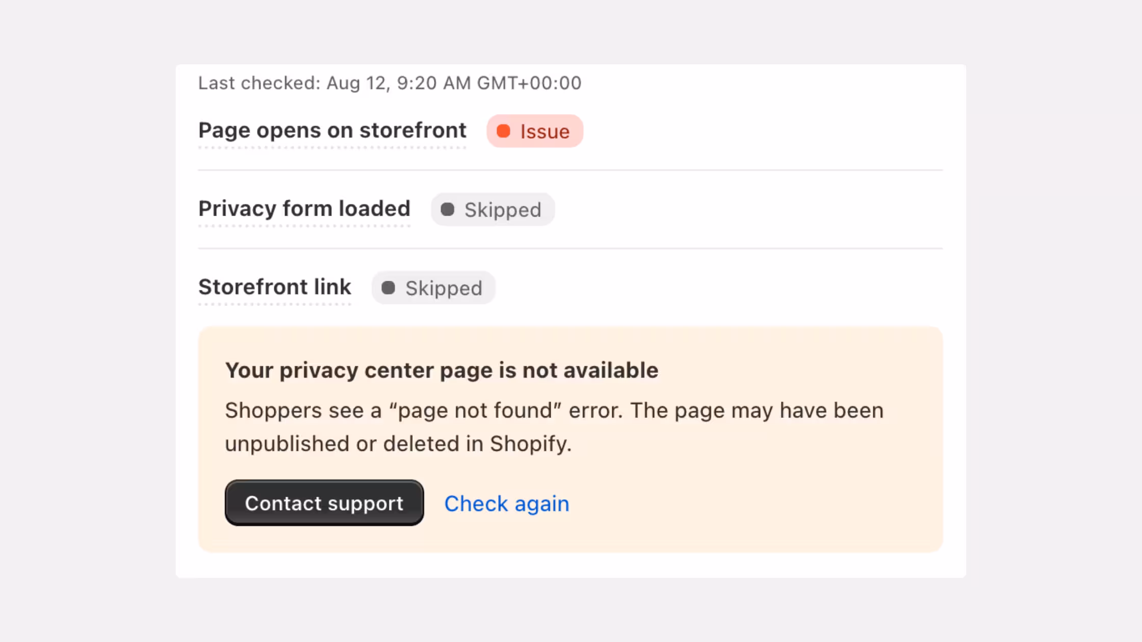 Consentmo Monitoring showing a Privacy Center issue and storefront availability check.