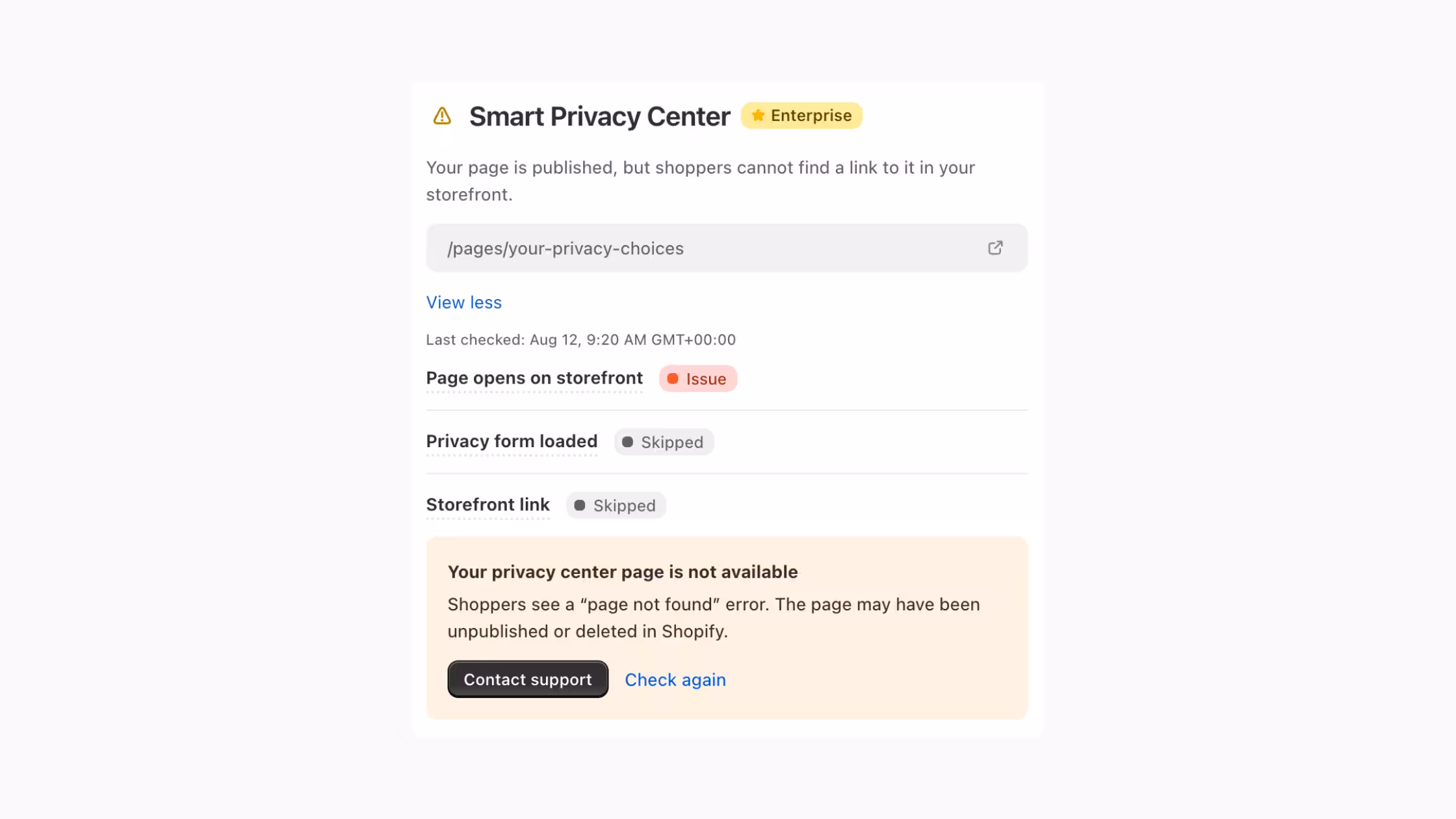 Consentmo Monitoring alert showing an unavailable Smart Privacy Center page.