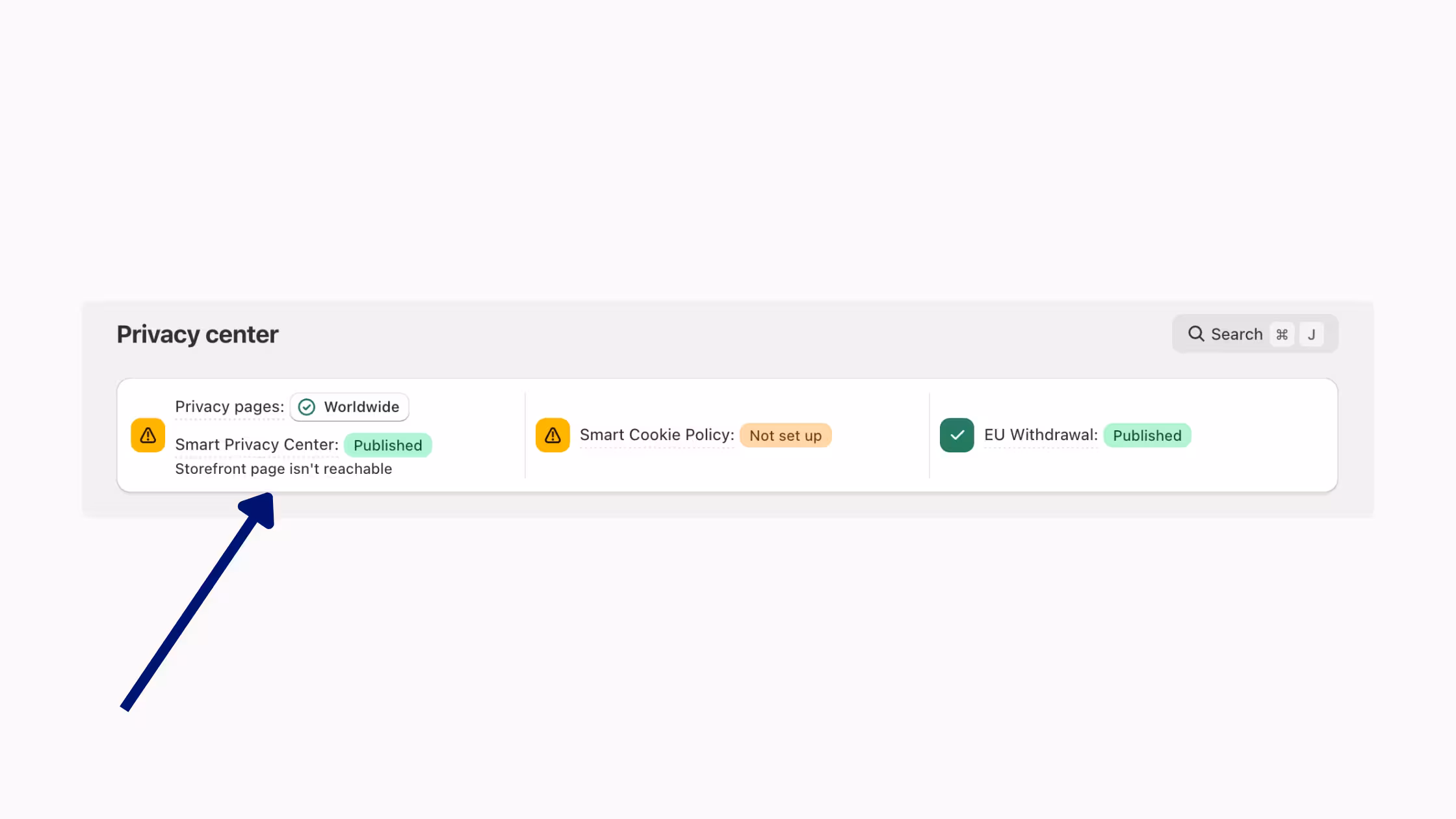 Privacy Center monitoring status showing storefront availability issues.