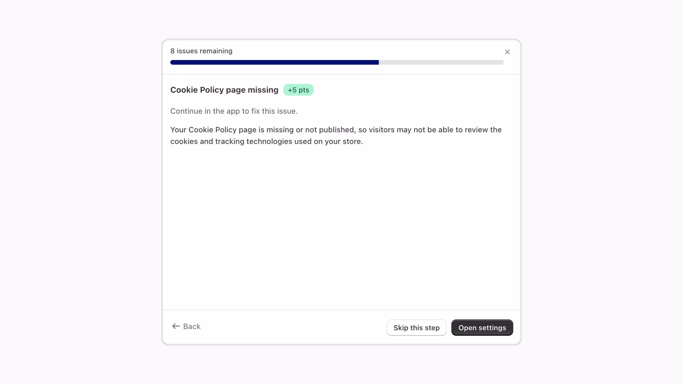 Consentmo compliance check highlighting a missing Cookie Policy page.