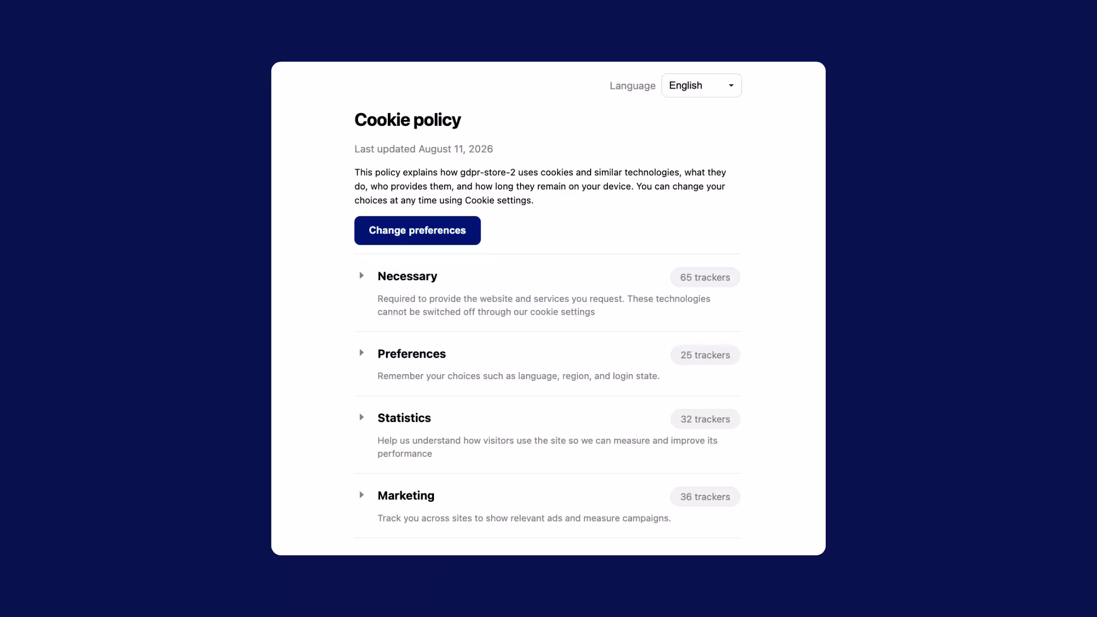 Consentmo Cookie Policy showing tracker categories and counts.