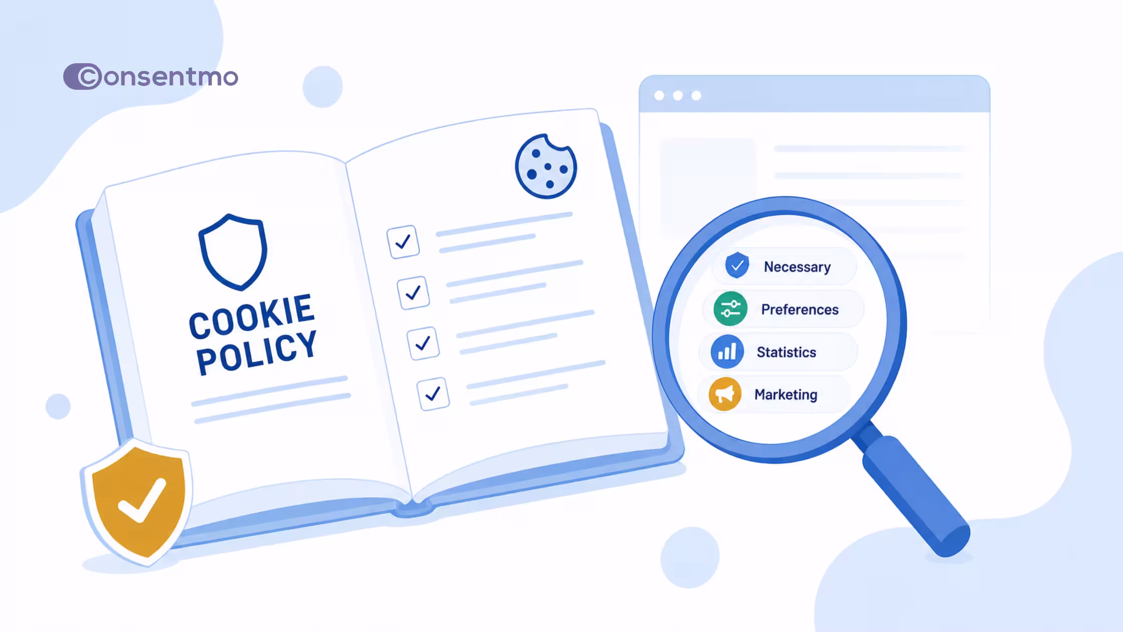 Consentmo Cookie Policy illustration with cookie categories and compliance check.