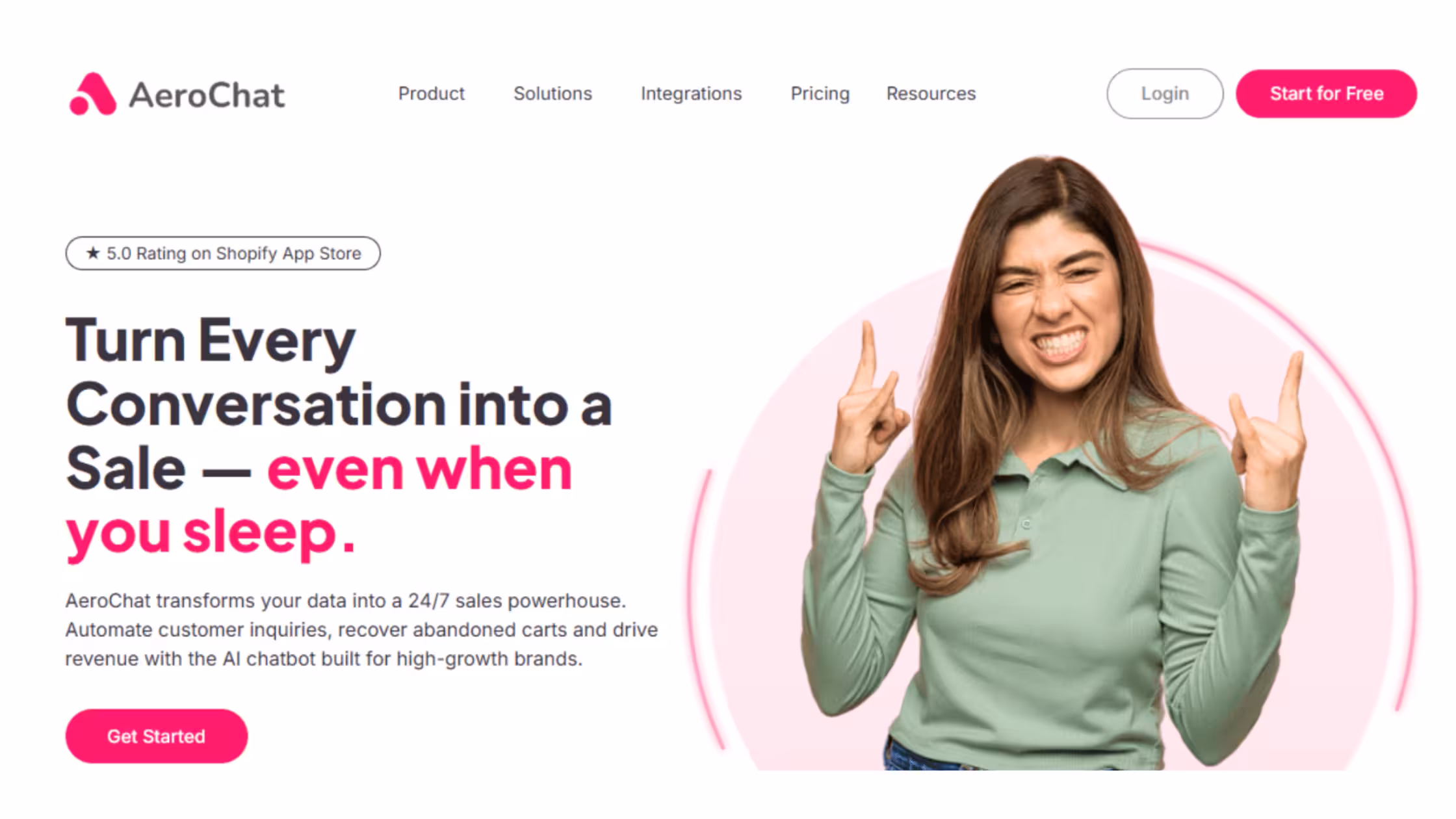 AeroChat AI chatbot landing page for automated Shopify sales and customer conversations.