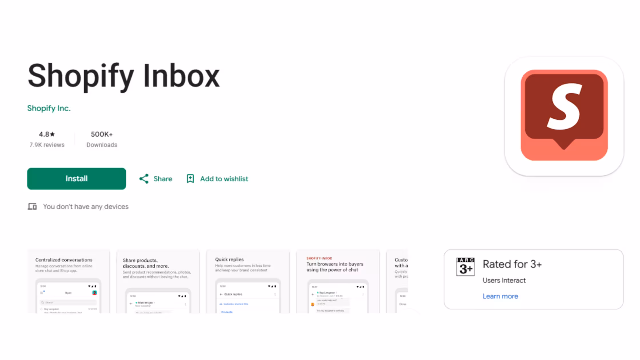 Shopify Inbox app listing for customer chat and support on Shopify.
