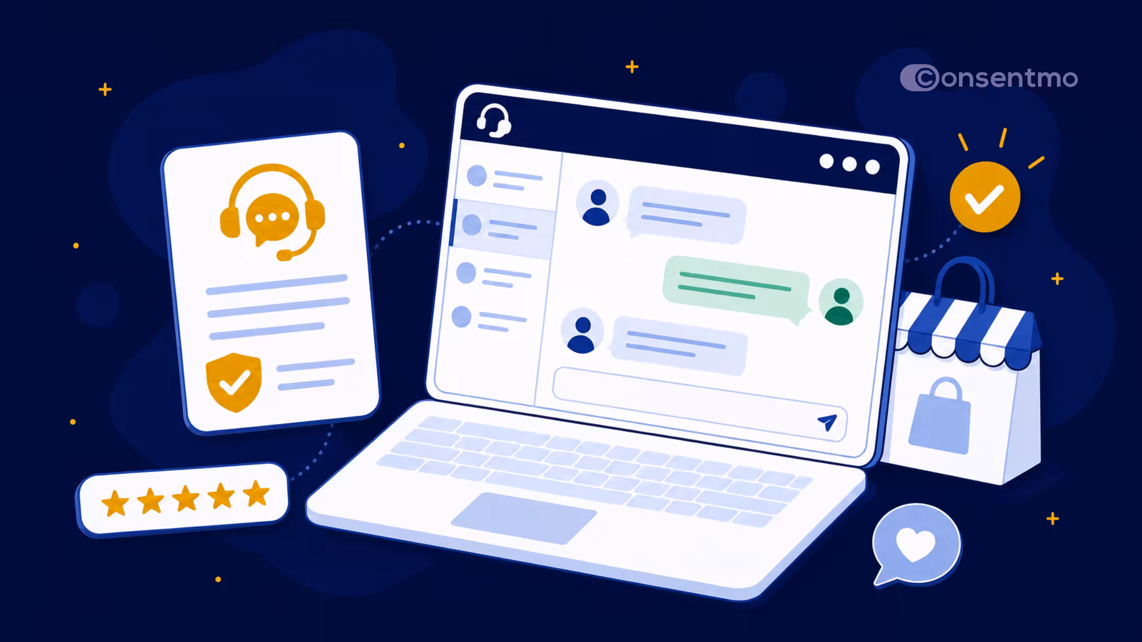 Consentmo ecommerce support illustration with customer chat, trust, and privacy protection.