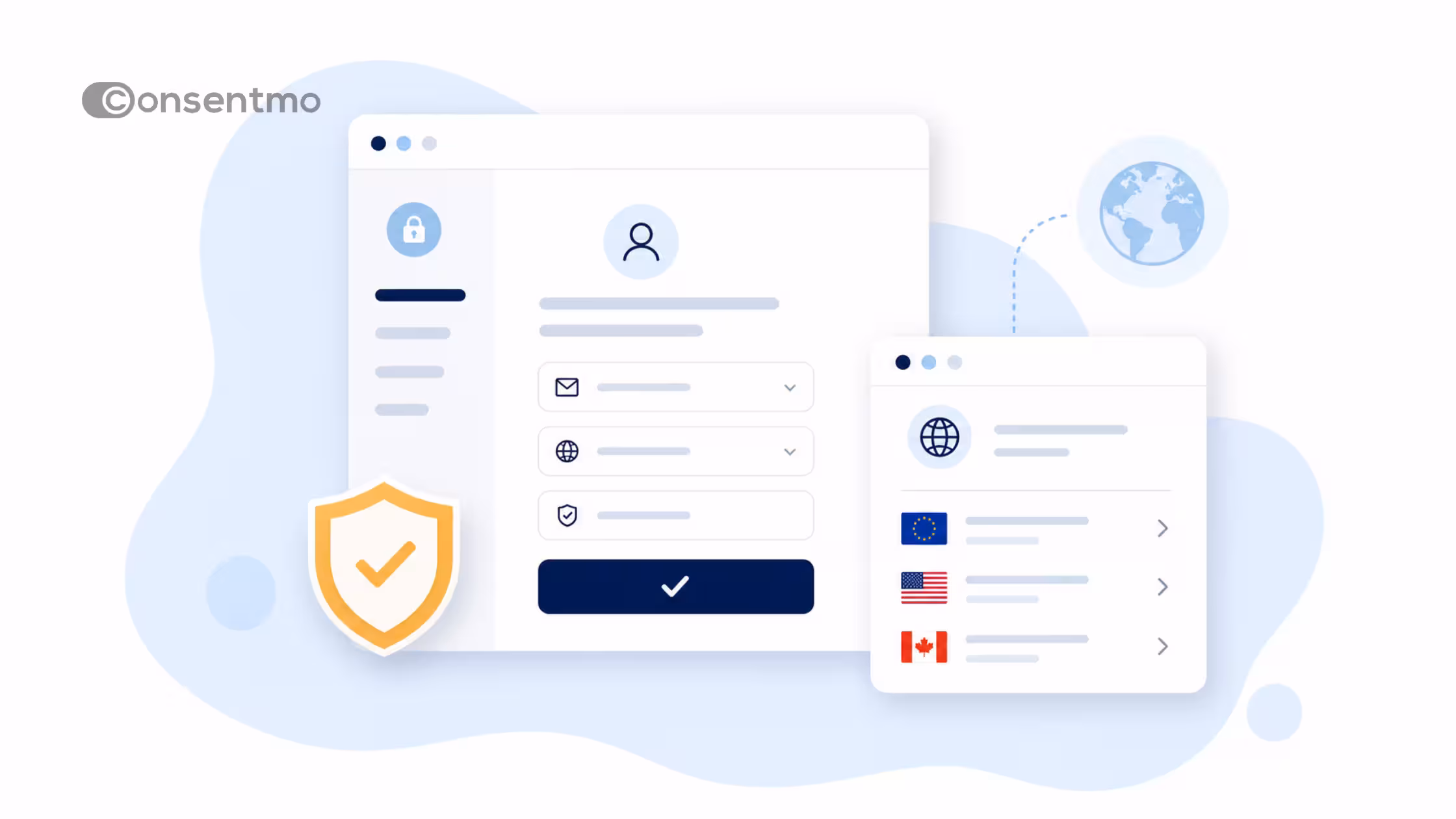 Consentmo compliance pages illustration with regional privacy settings and data protection.