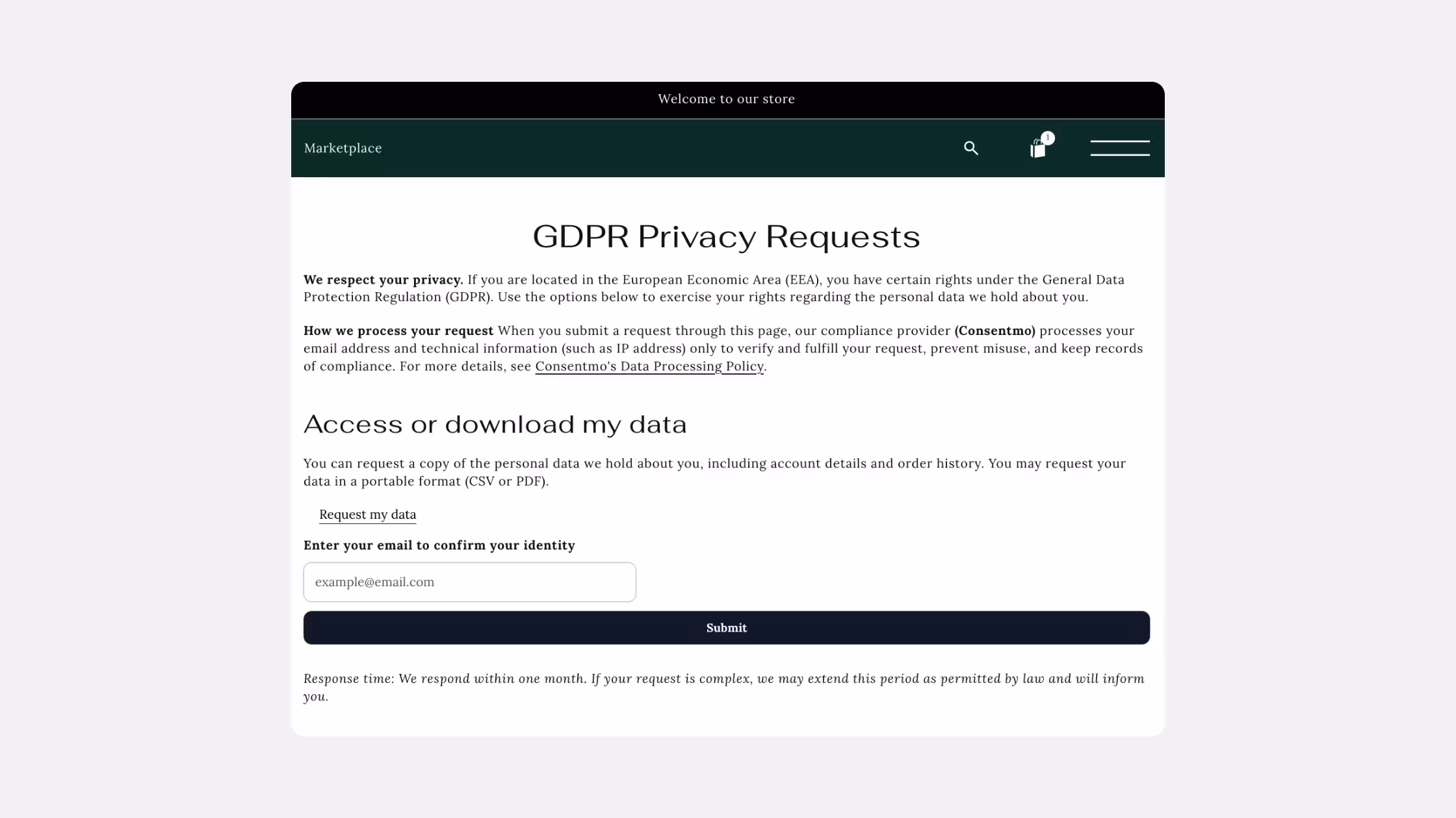 Consentmo GDPR privacy request page.