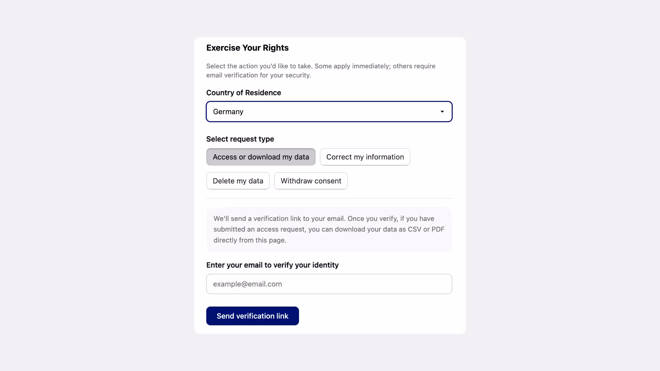 Consentmo Smart Privacy Center request form.