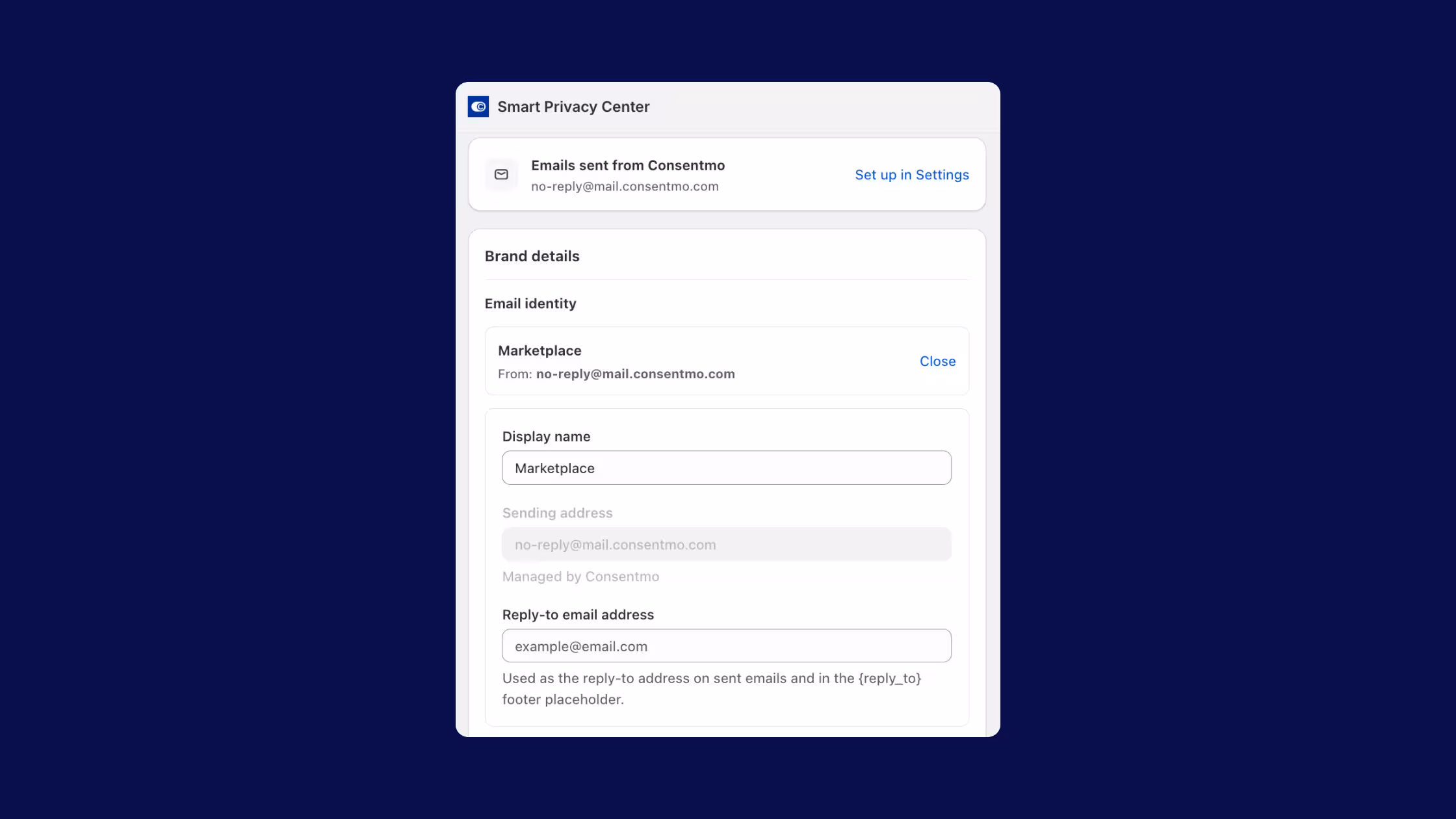 Consentmo Smart Privacy Center email identity settings.