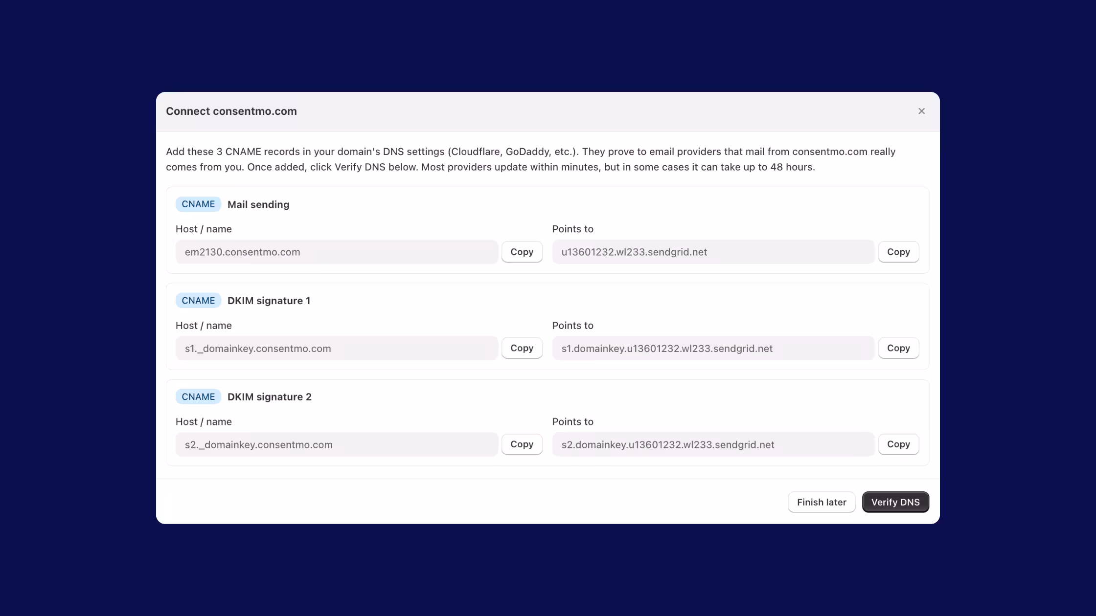 Consentmo custom sending domain DNS setup.
