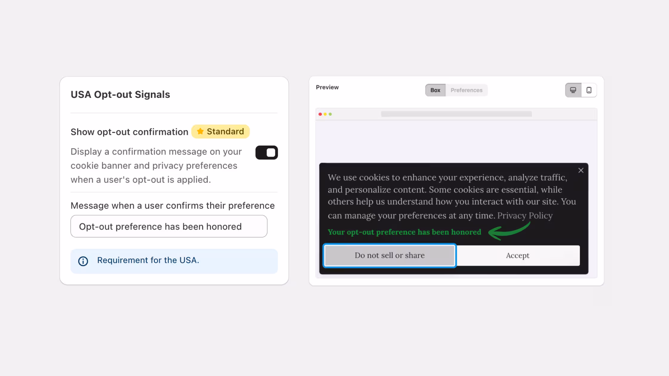 US opt-out confirmation settings by Consentmo
