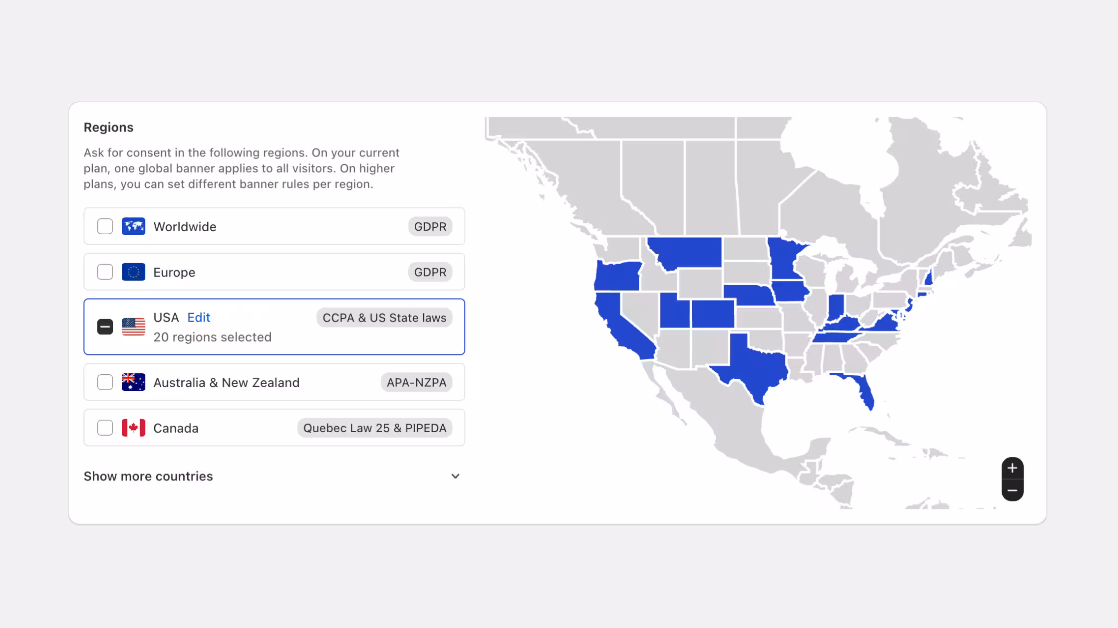 US state privacy regions in Consentmo