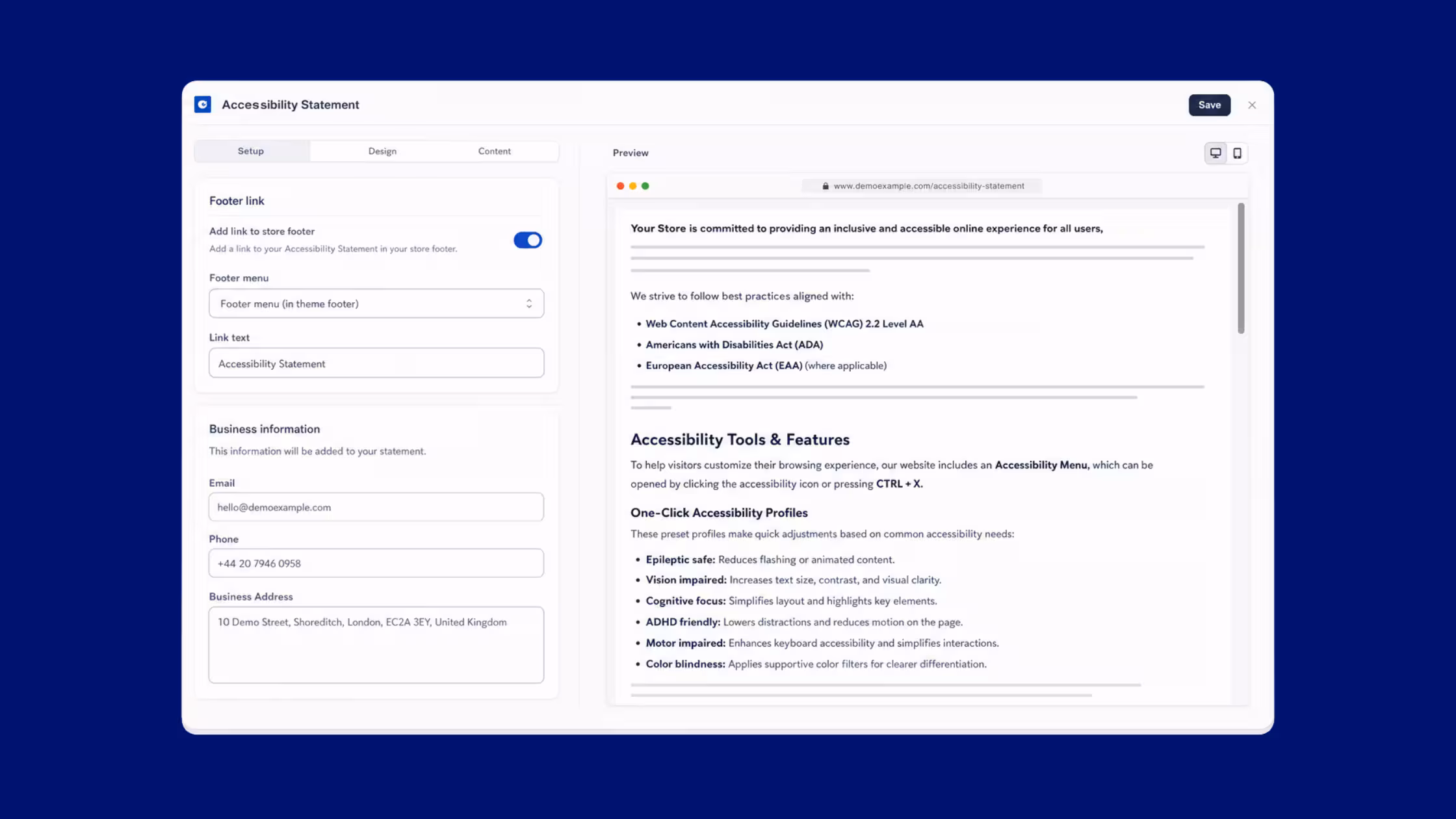 Accessibility Statement setup and live preview in Consentmo