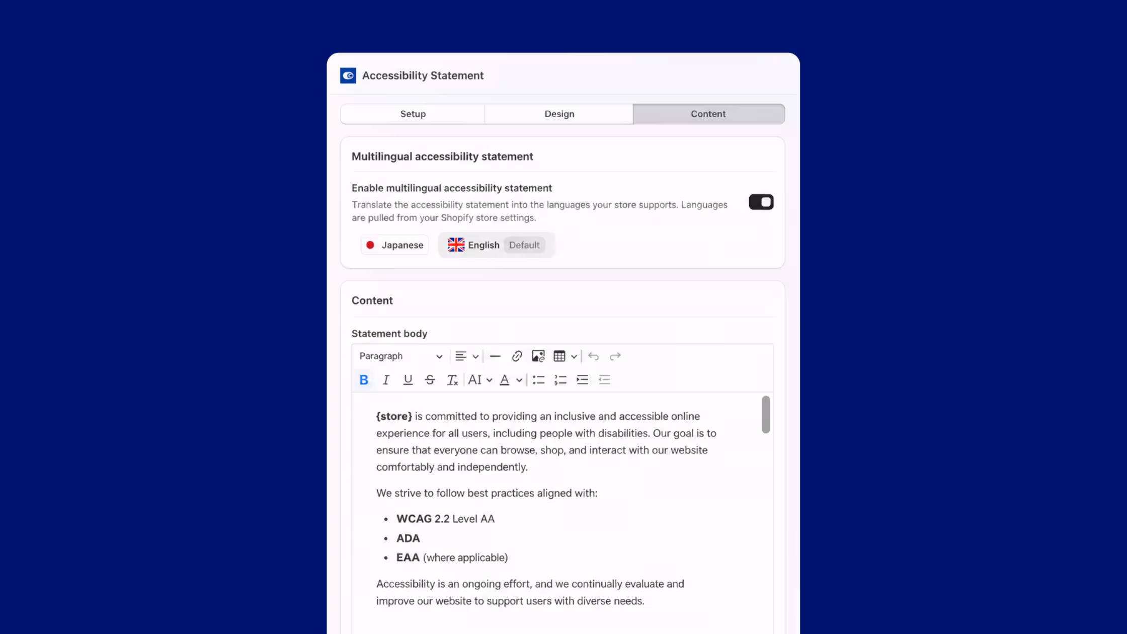 Multilingual Accessibility Statement multilingual settings in Consentmo