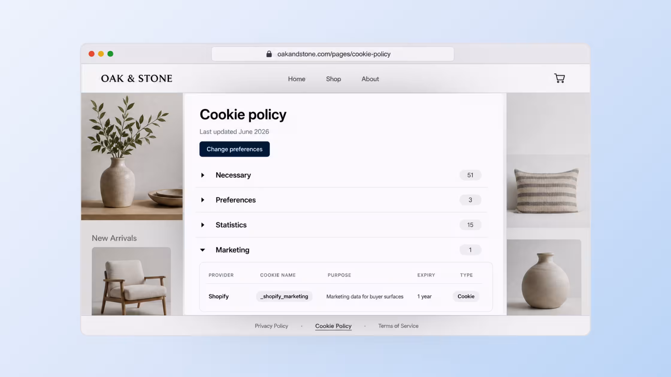 Smart Cookie Policy page on a Shopify storefront by Consentmo