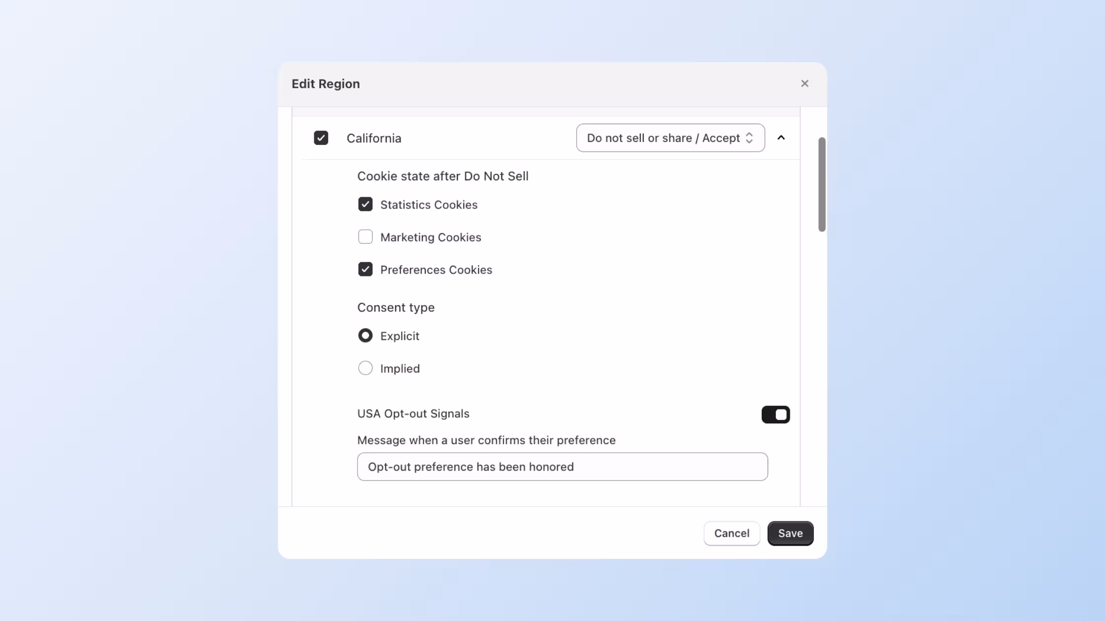 Regional cookie consent and opt-out settings in Consentmo