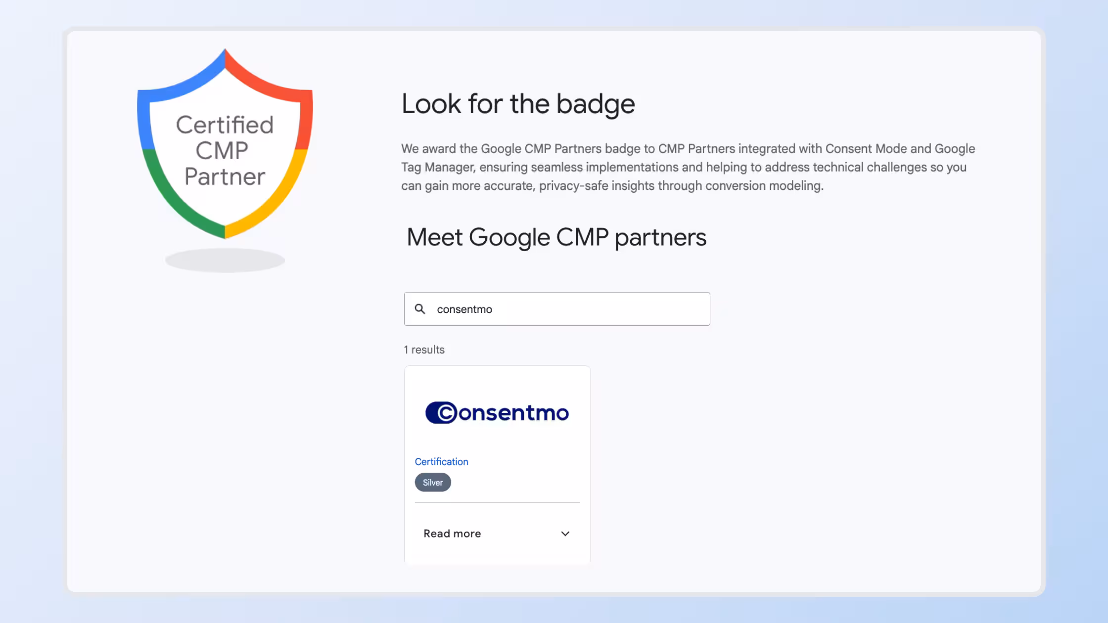 Consentmo listed as a Google Certified CMP Partner with Silver certification.