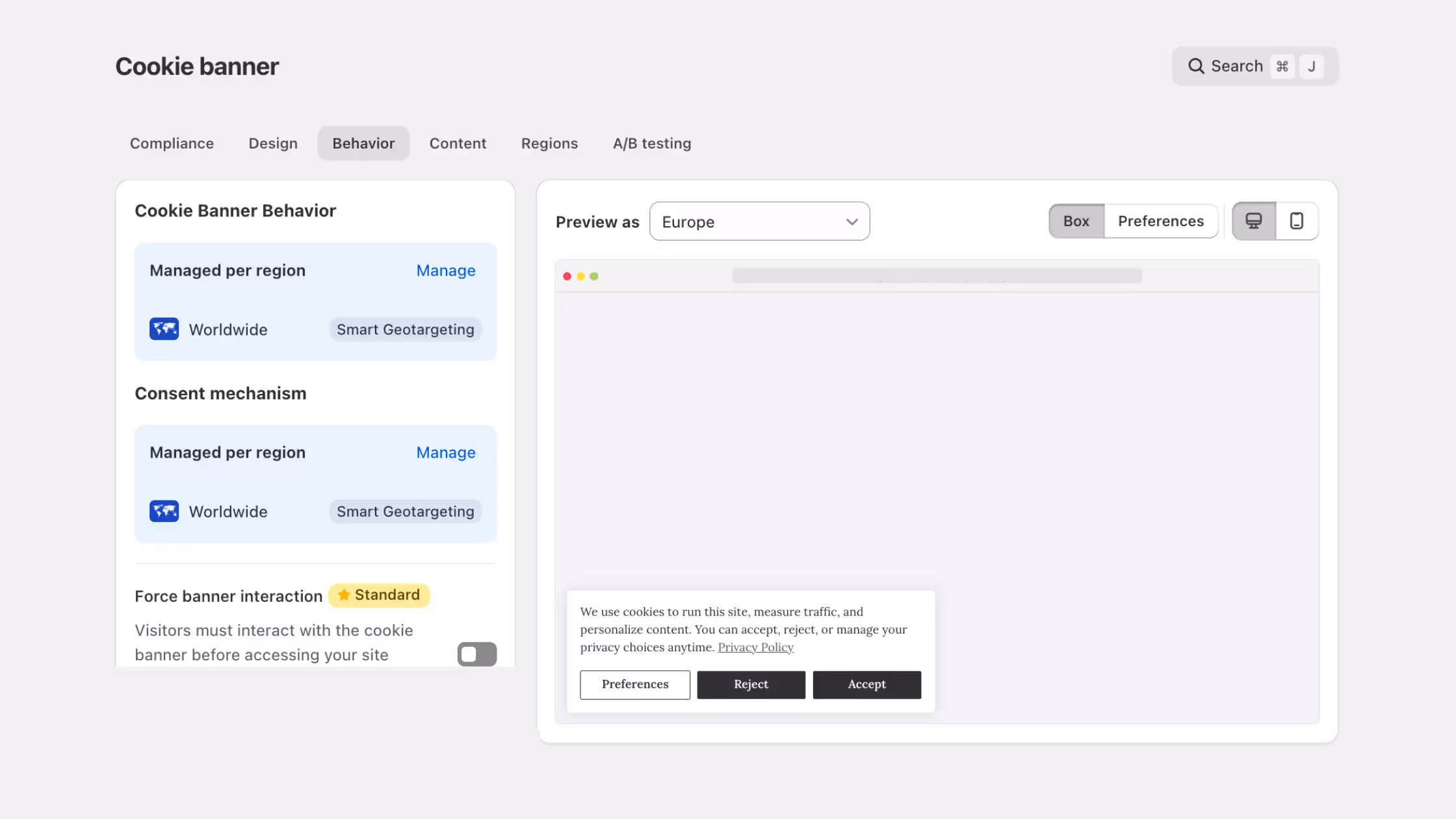 Consentmo cookie banner behavior and regional consent setup