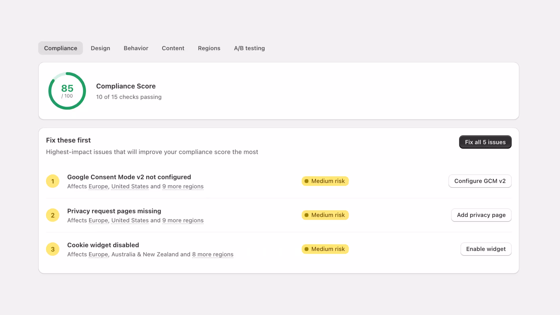 Consentmo Compliance Score with prioritized fixes
