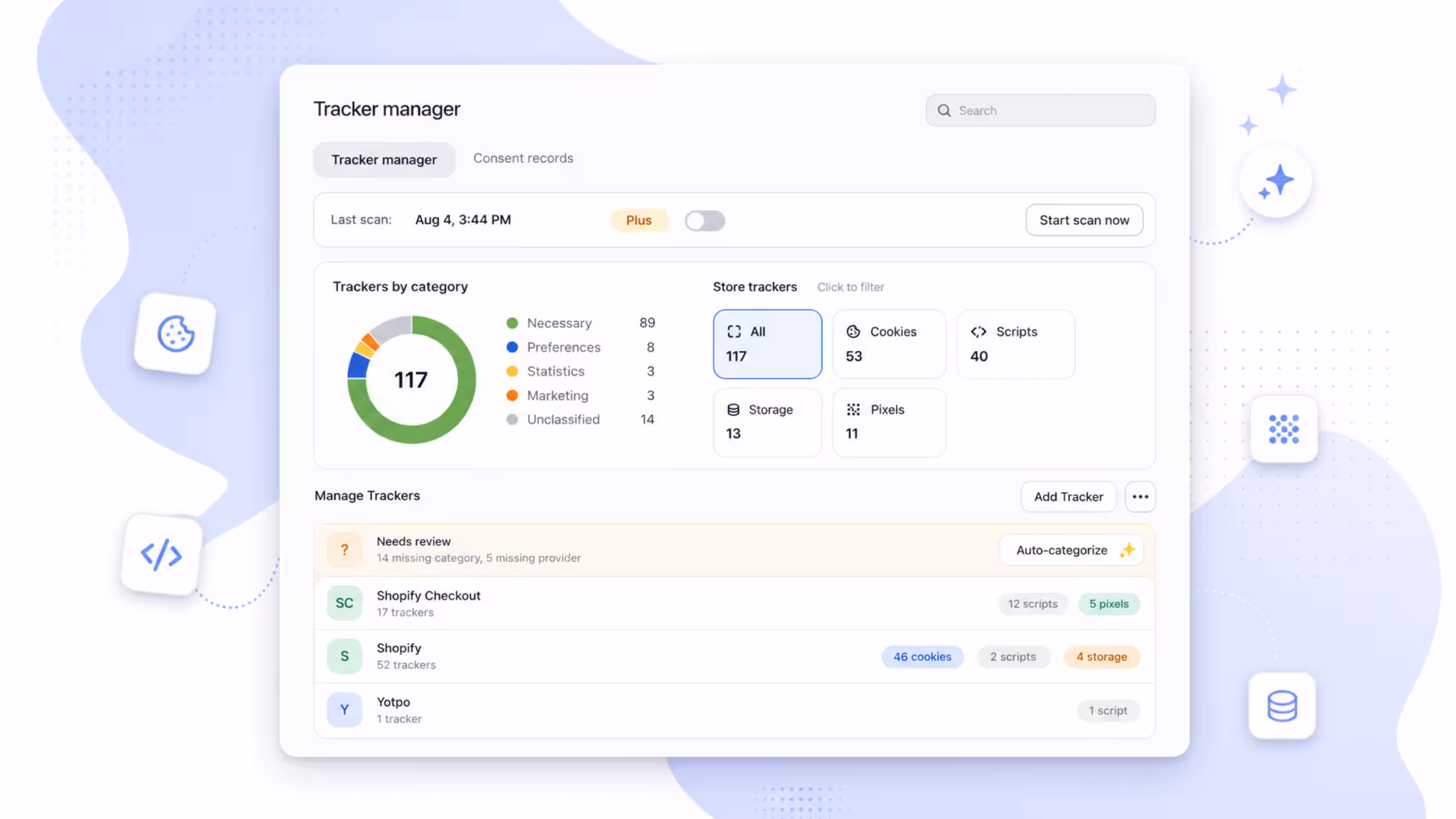 Consentmo Tracker Manager scan showing detected cookies, scripts, pixels, and storage, with tracker categories and review statuses.