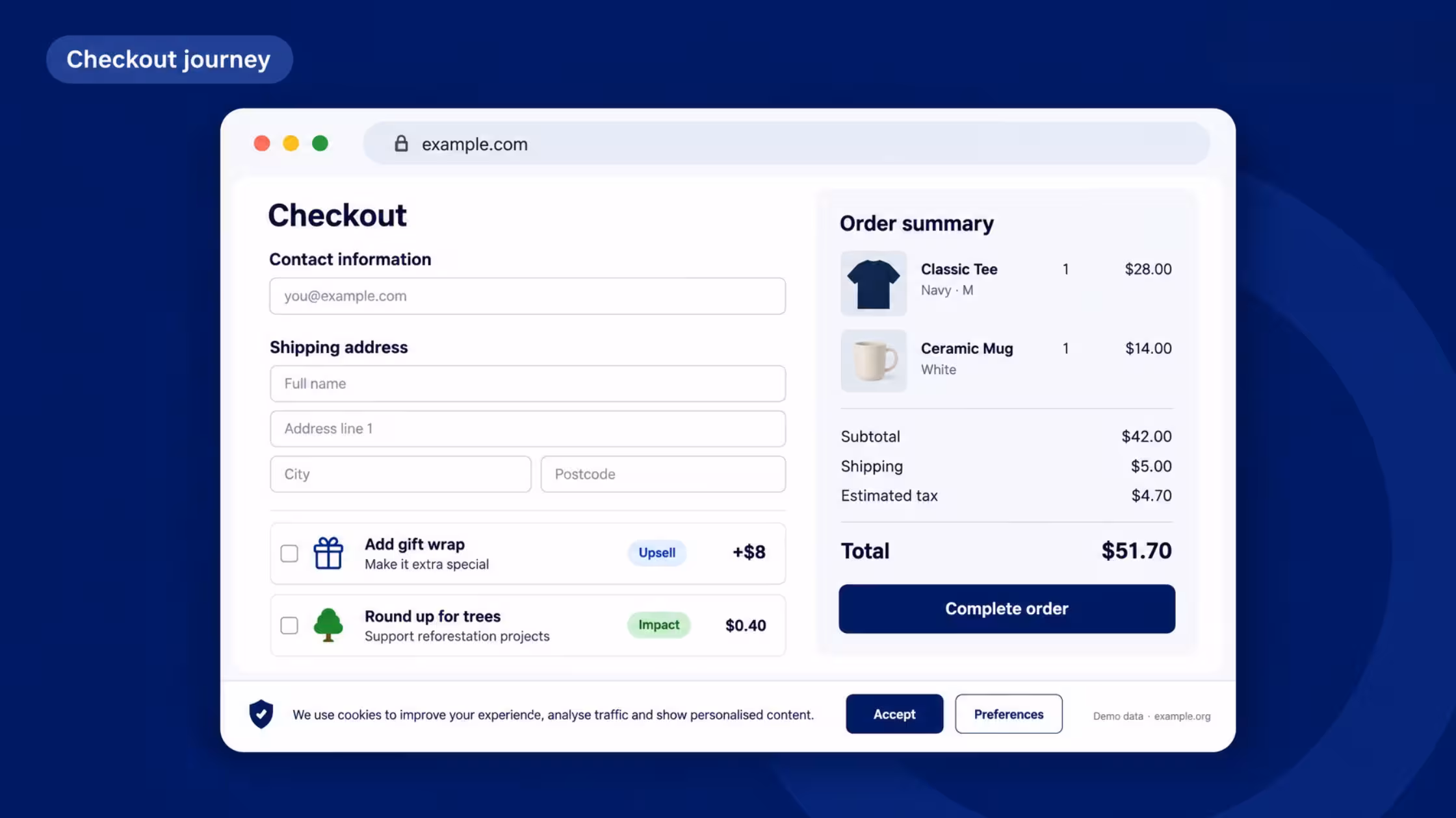 Consentmo cookie consent banner shown throughout a Shopify checkout journey with upsell and donation options.