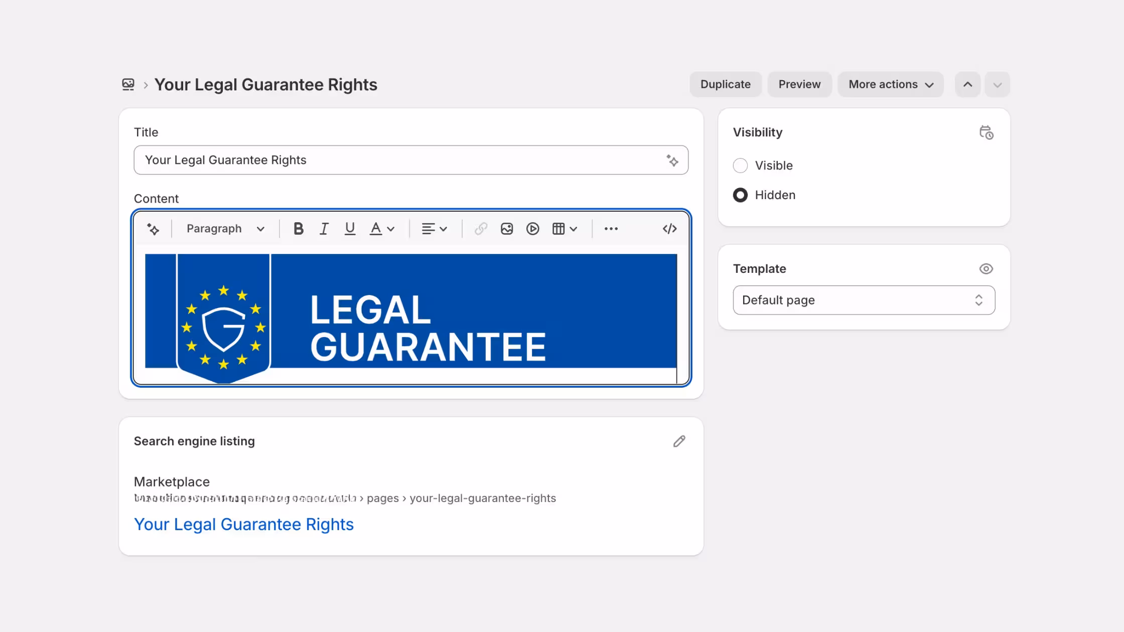 Shopify page editor showing a “Your Legal Guarantee Rights” page with the EU Legal Guarantee notice added and linked in the store footer.