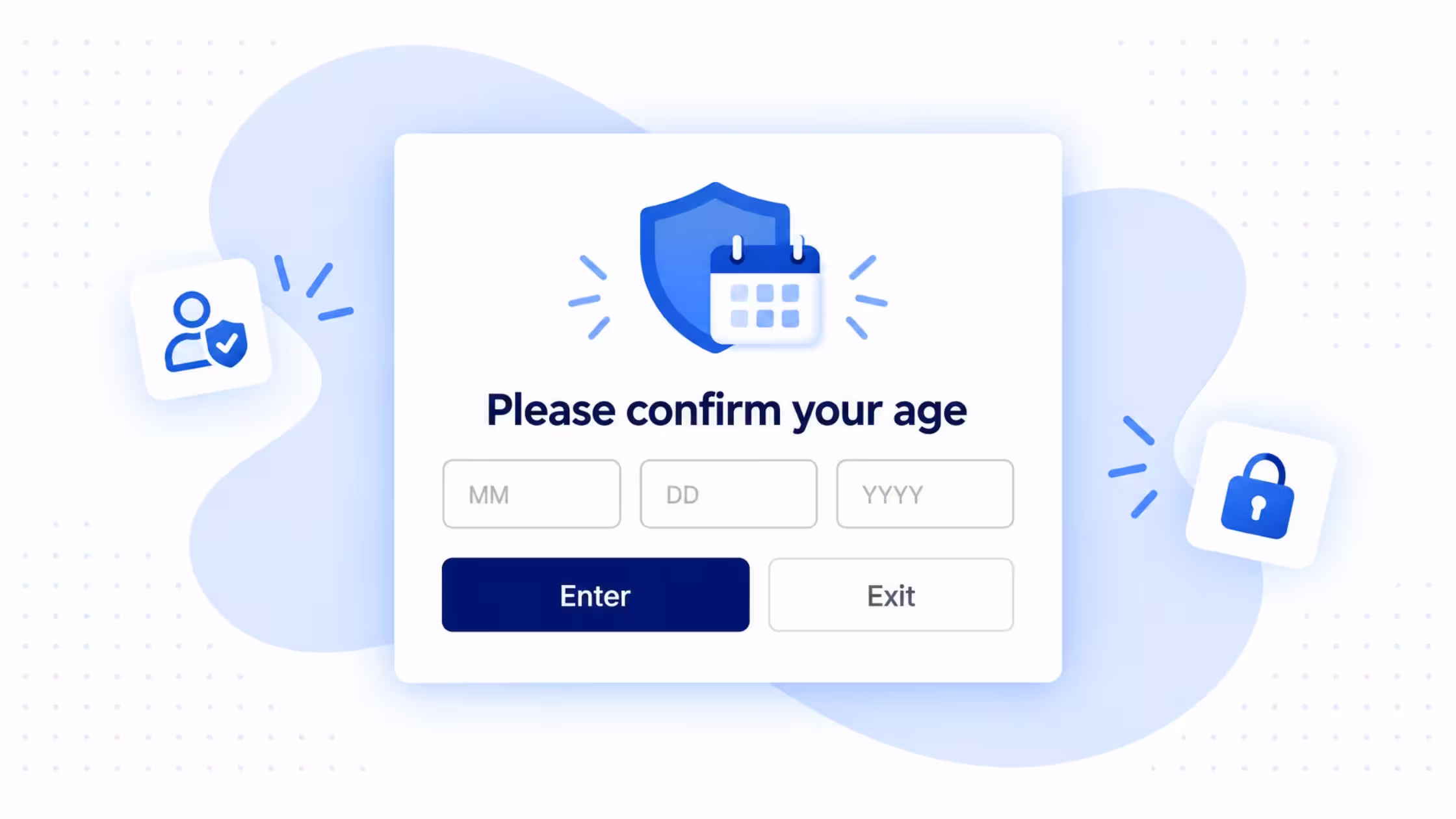 Consentmo Age Gate illustration with date-of-birth fields and Enter and Exit options.