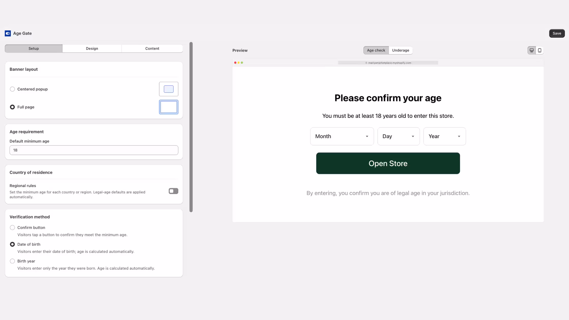 Consentmo Age Gate setup with full-page layout, minimum age, regional rules, and date-of-birth verification.