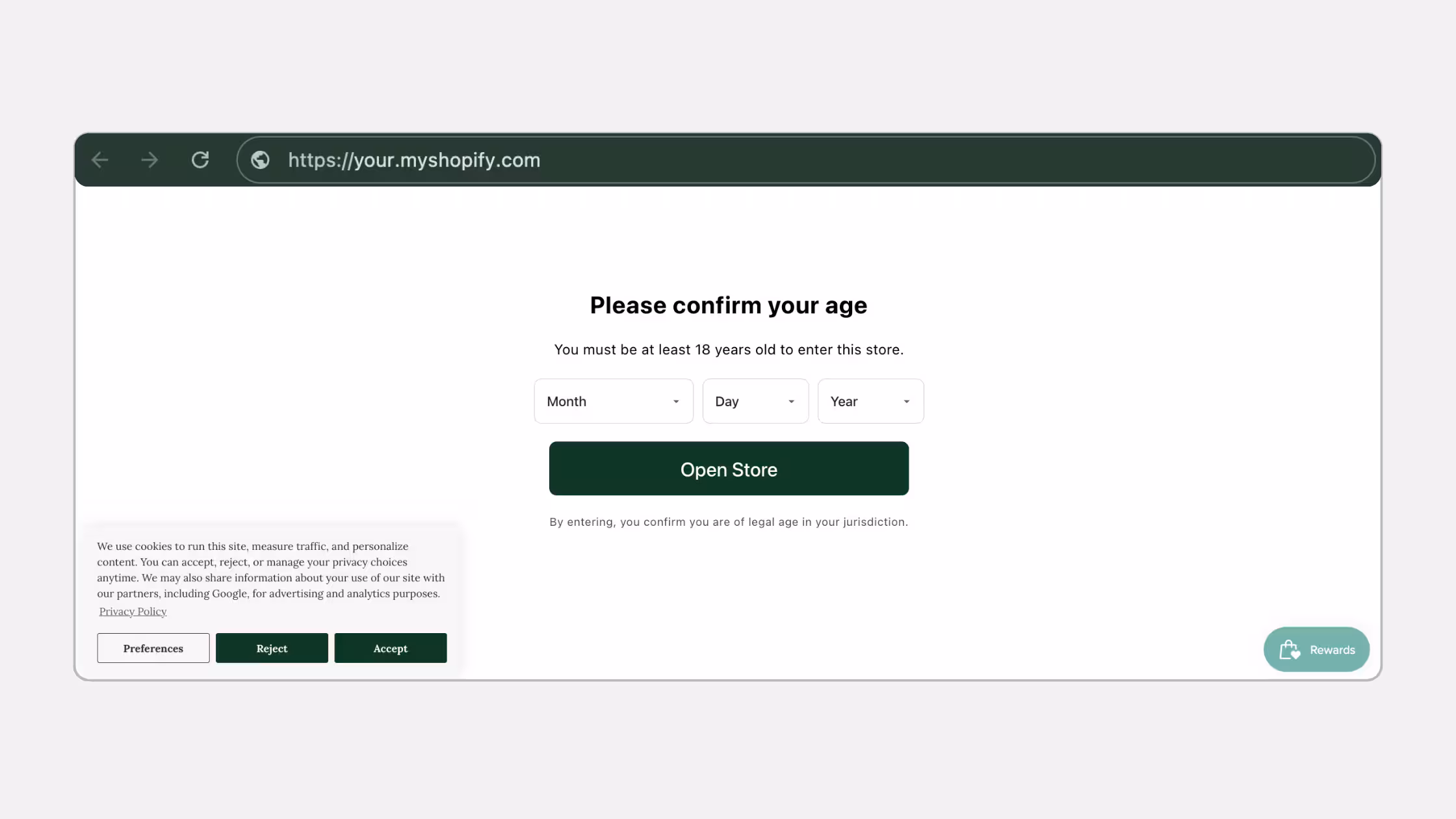 Shopify storefront showing a full-page Consentmo Age Gate alongside the cookie consent banner.