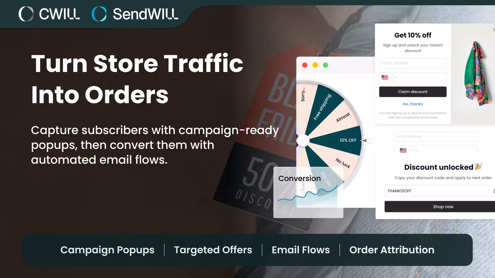 CWILL × SendWILL promotional graphic showing campaign popups, targeted offers, automated email flows, and order attribution designed to turn Shopify store traffic into orders.