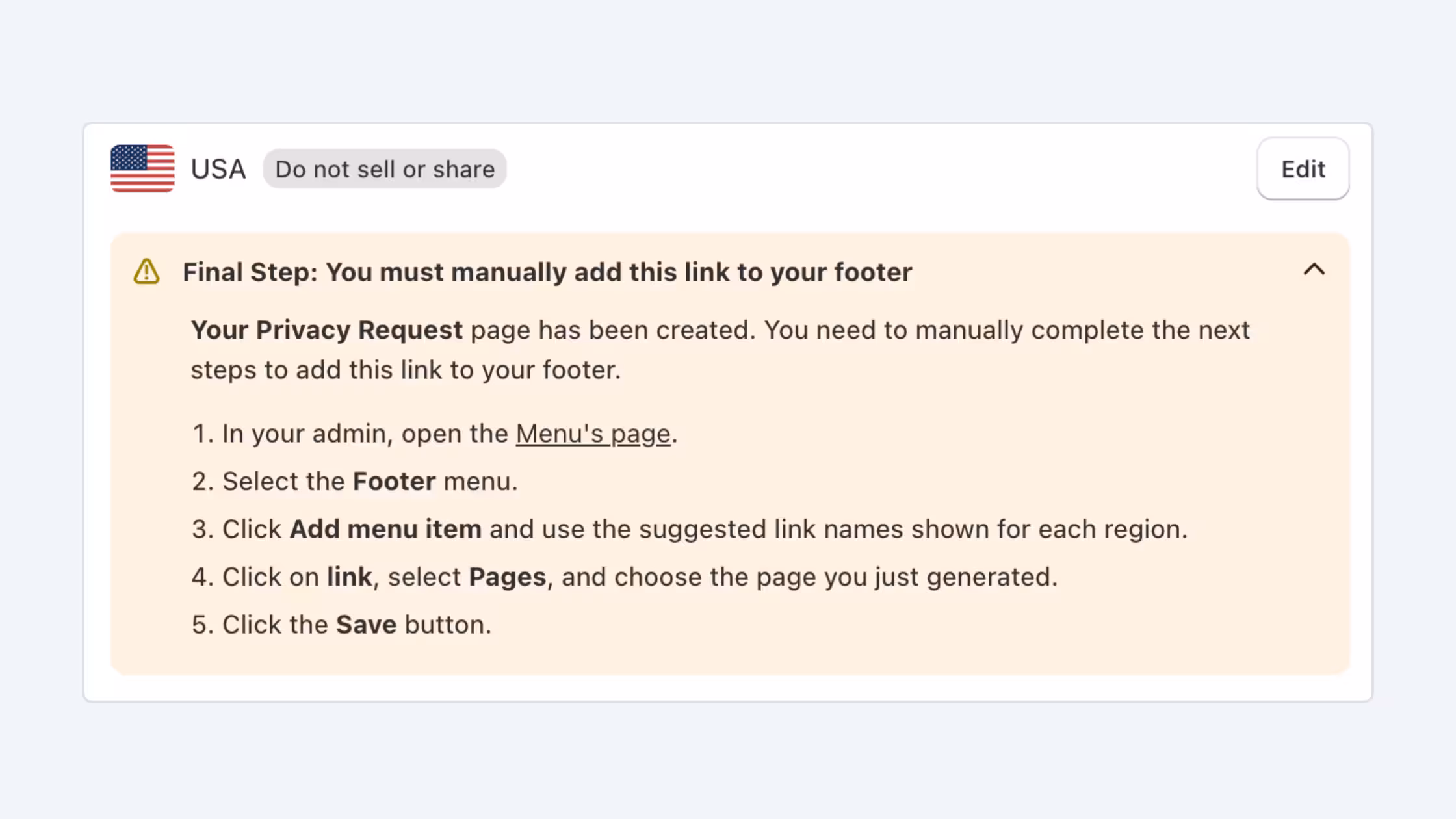 Consentmo Do Not Sell or Share setup showing the final steps for adding the generated Privacy Request page to a Shopify store footer.