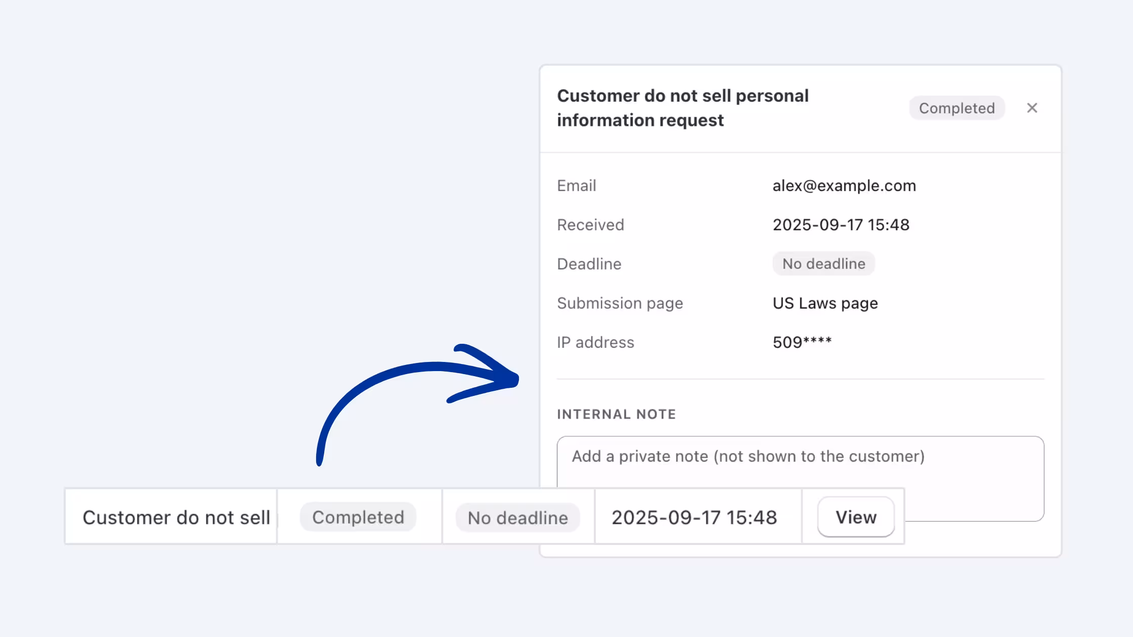 Consentmo Do Not Sell request log showing a completed customer privacy request with submission details and an internal note field for merchants.