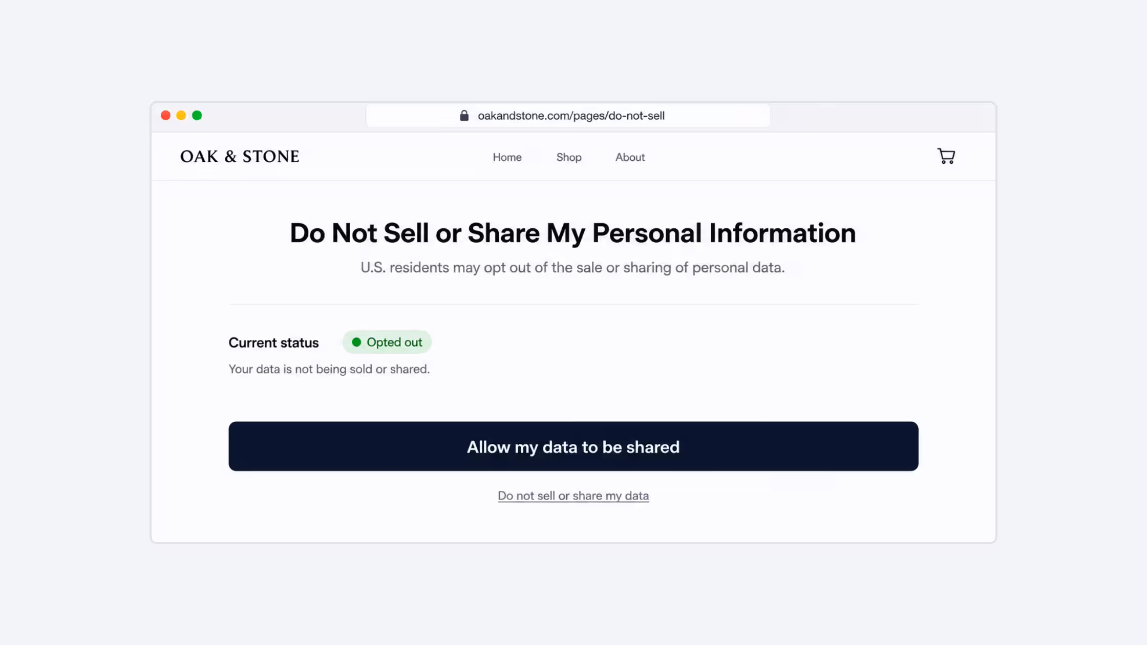 Consentmo Do Not Sell page showing an opted-out customer can change their preference and allow their personal data to be shared again.