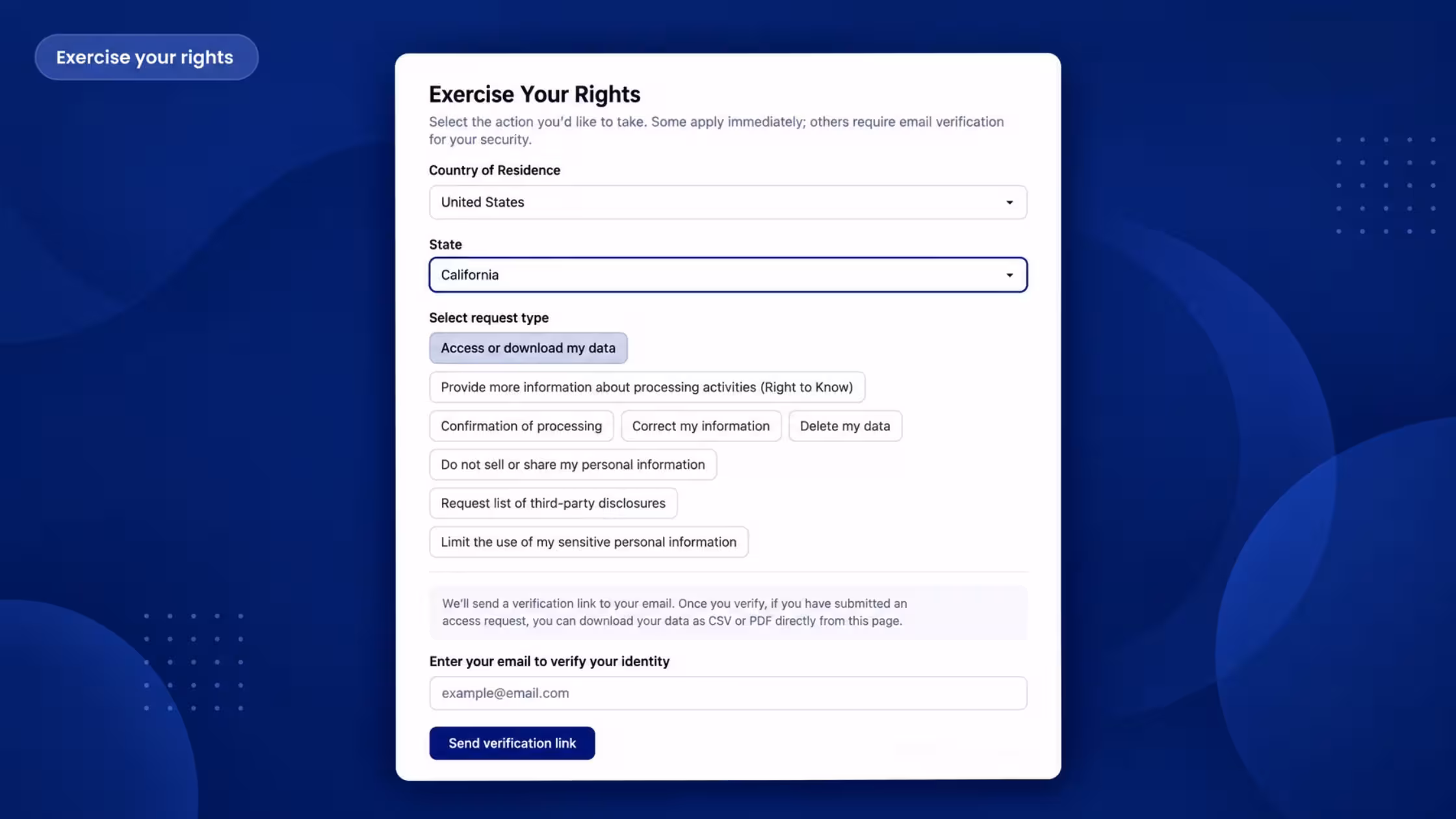 Consentmo Smart Privacy Center showing customers how to select and submit privacy requests based on their country and state, with email verification for applicable requests.