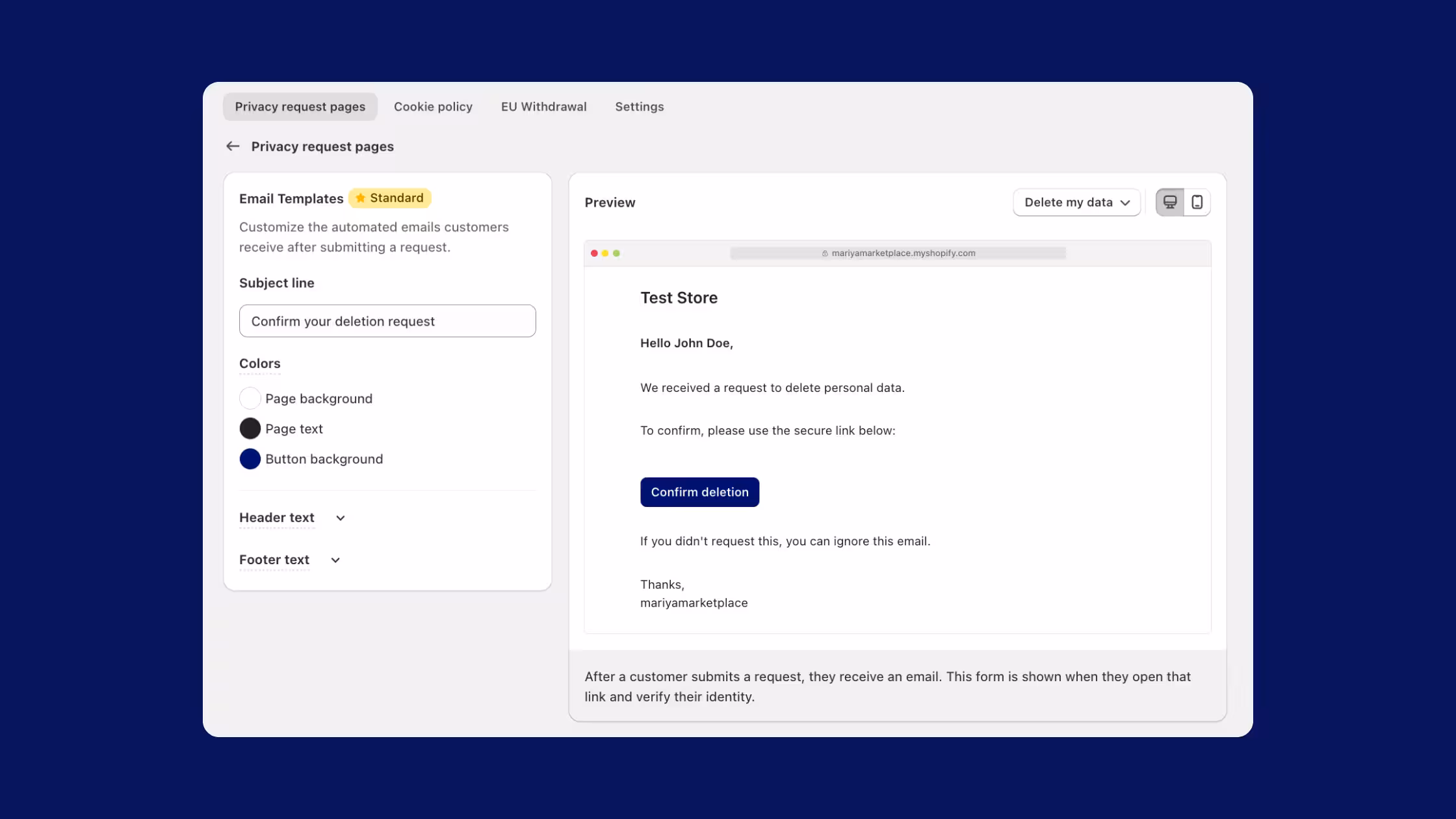 Consentmo Privacy Request Email Templates with customizable subject lines, colors, header and footer text, plus a live preview of customer verification emails.