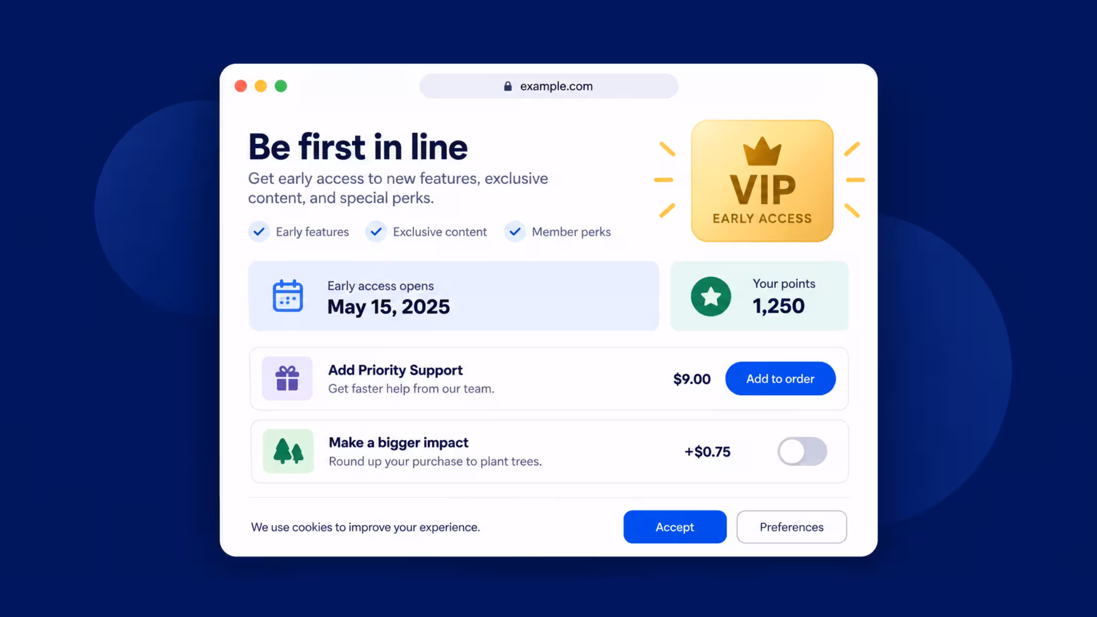 Consentmo VIP early access page with member perks, points, add-ons, and cookie consent options.