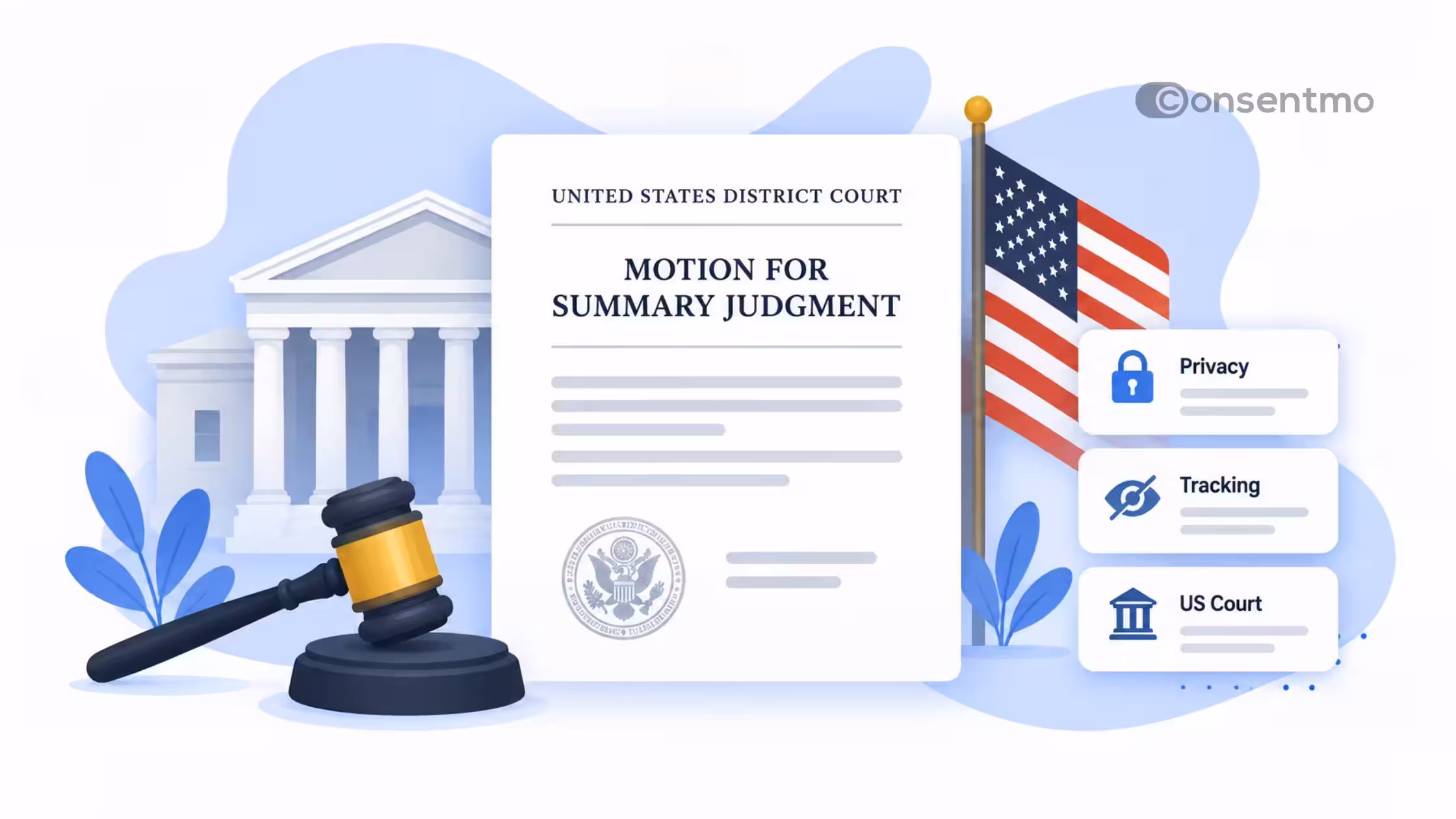 Consentmo graphic illustrating a U.S. court case involving online privacy and tracking.