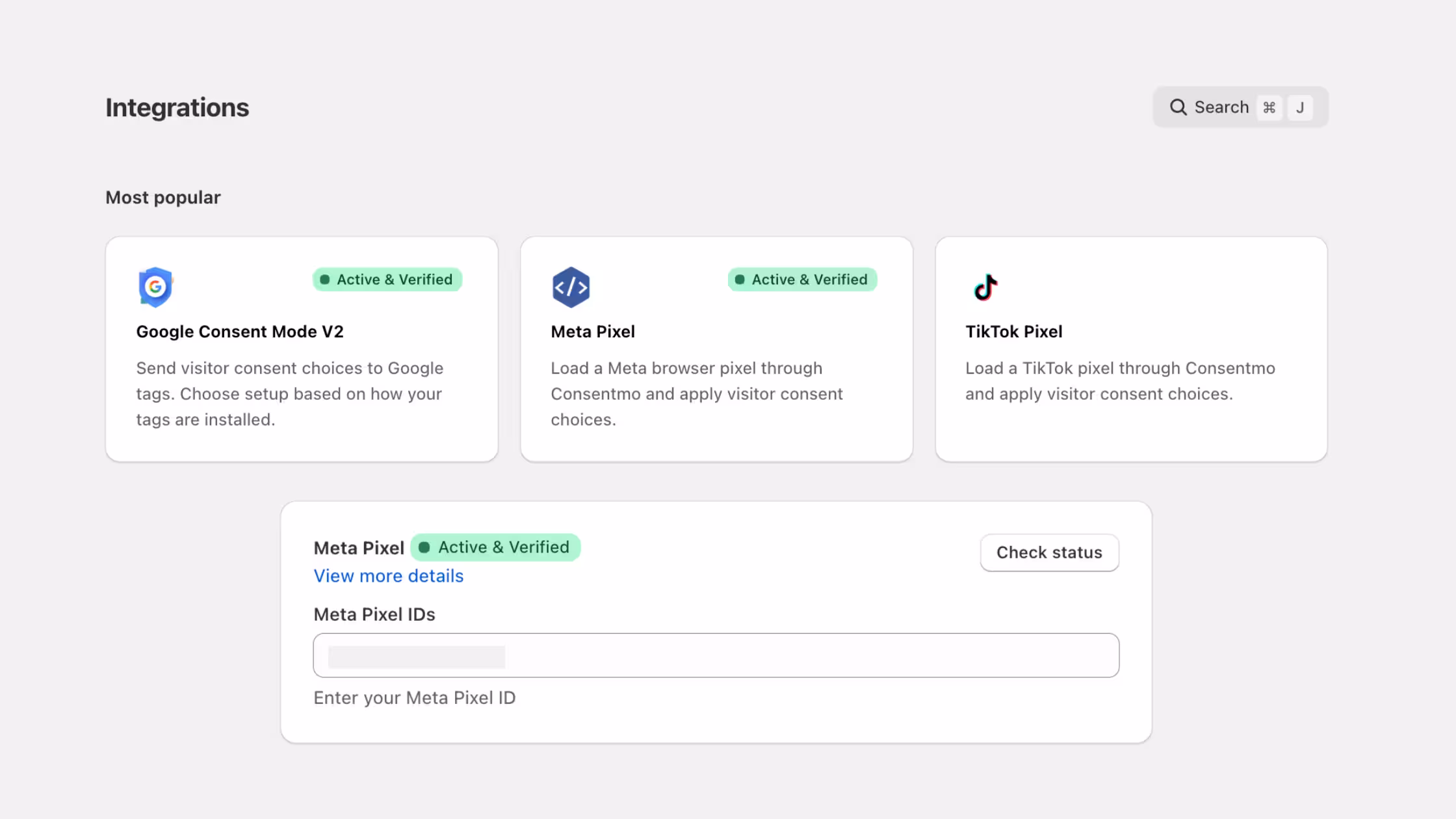 Consentmo integrations dashboard showing Google Consent Mode v2, Meta Pixel, and TikTok Pixel consent integrations.