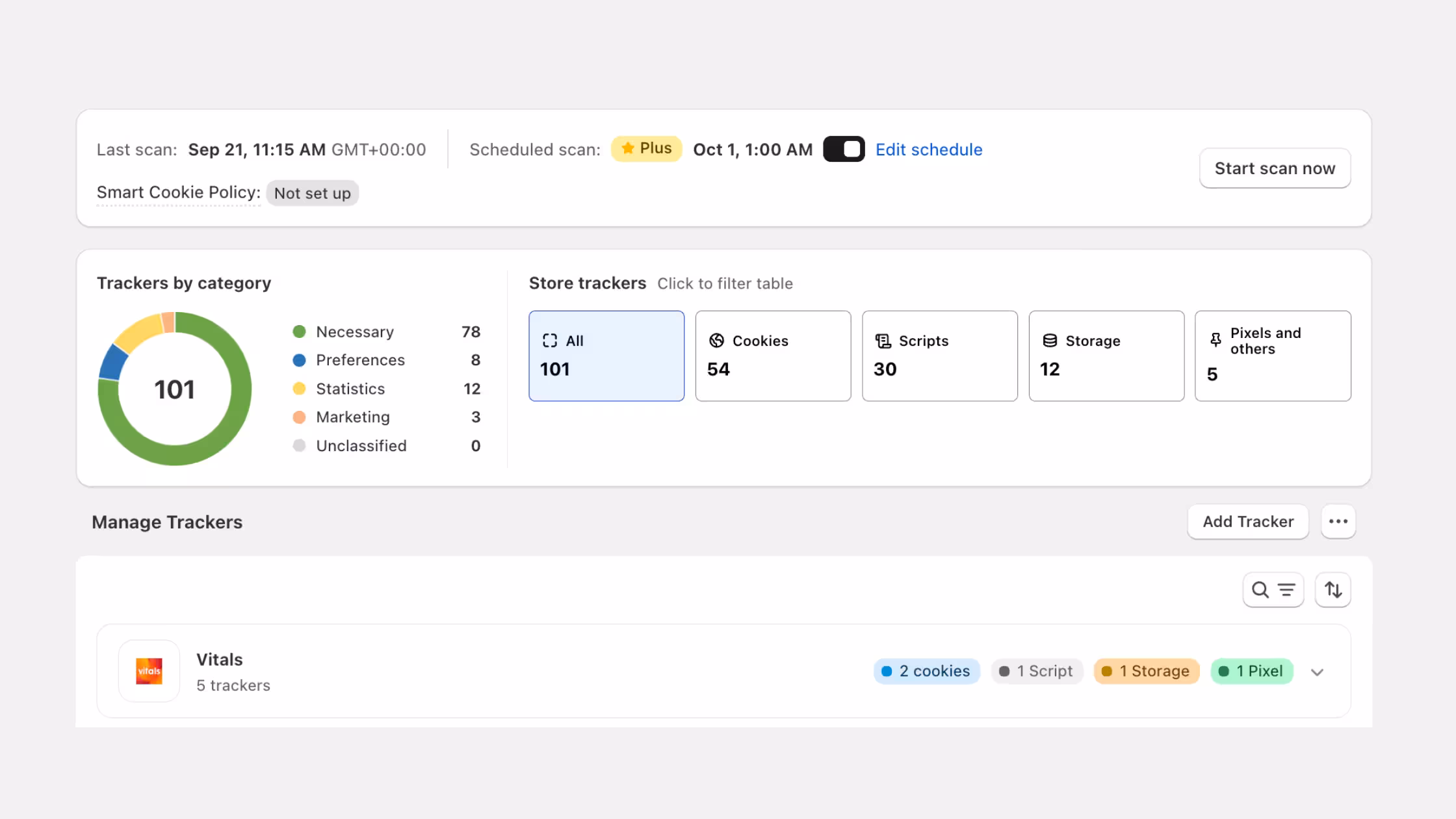 Consentmo Tracker Manager showing scanned cookies, scripts, storage, pixels, and tracker categories.