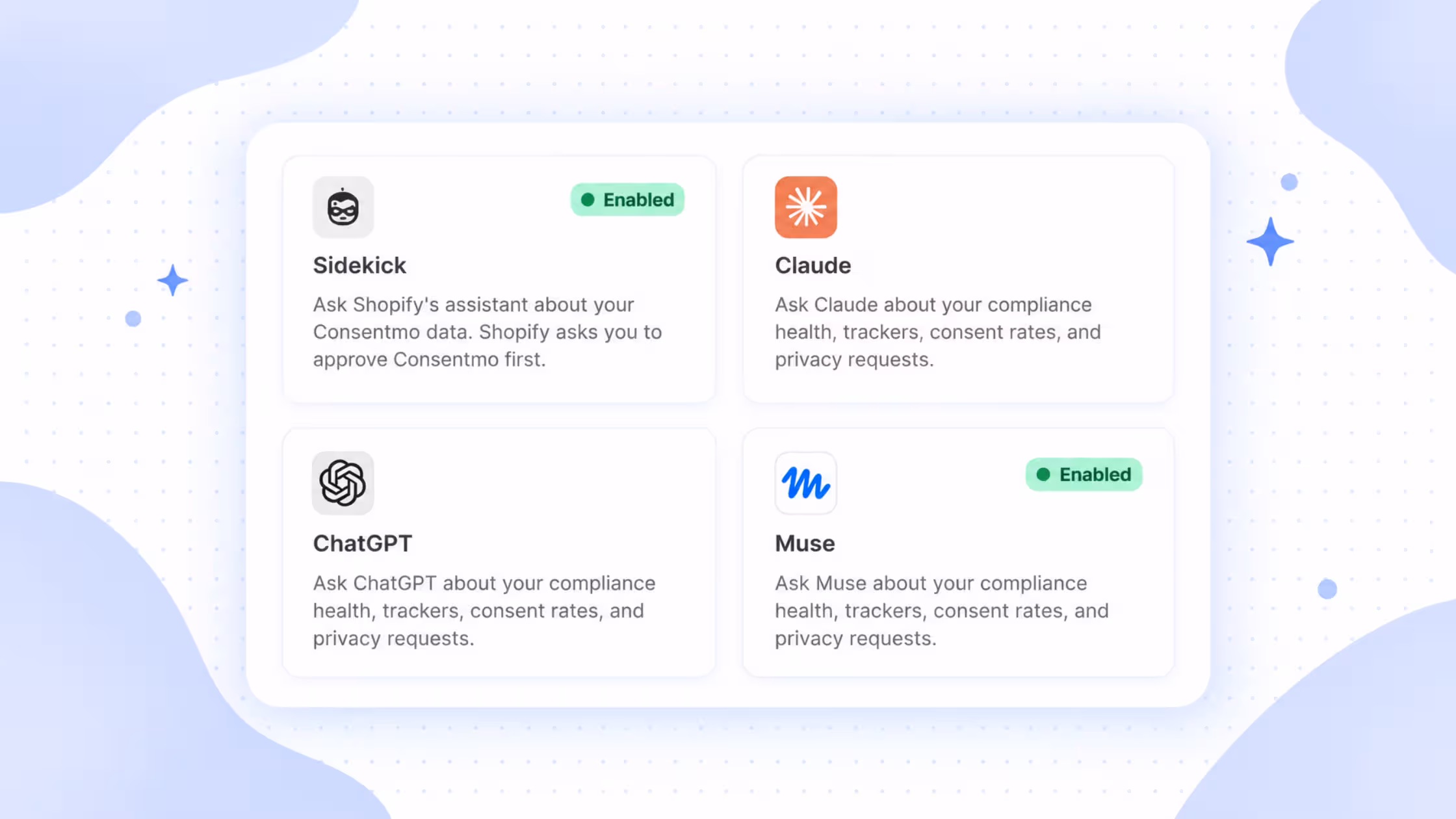 AI Assistants: Connect Consentmo with Sidekick, ChatGPT, Claude, and Muse to ask questions about your compliance health, trackers, consent rates, and privacy requests.