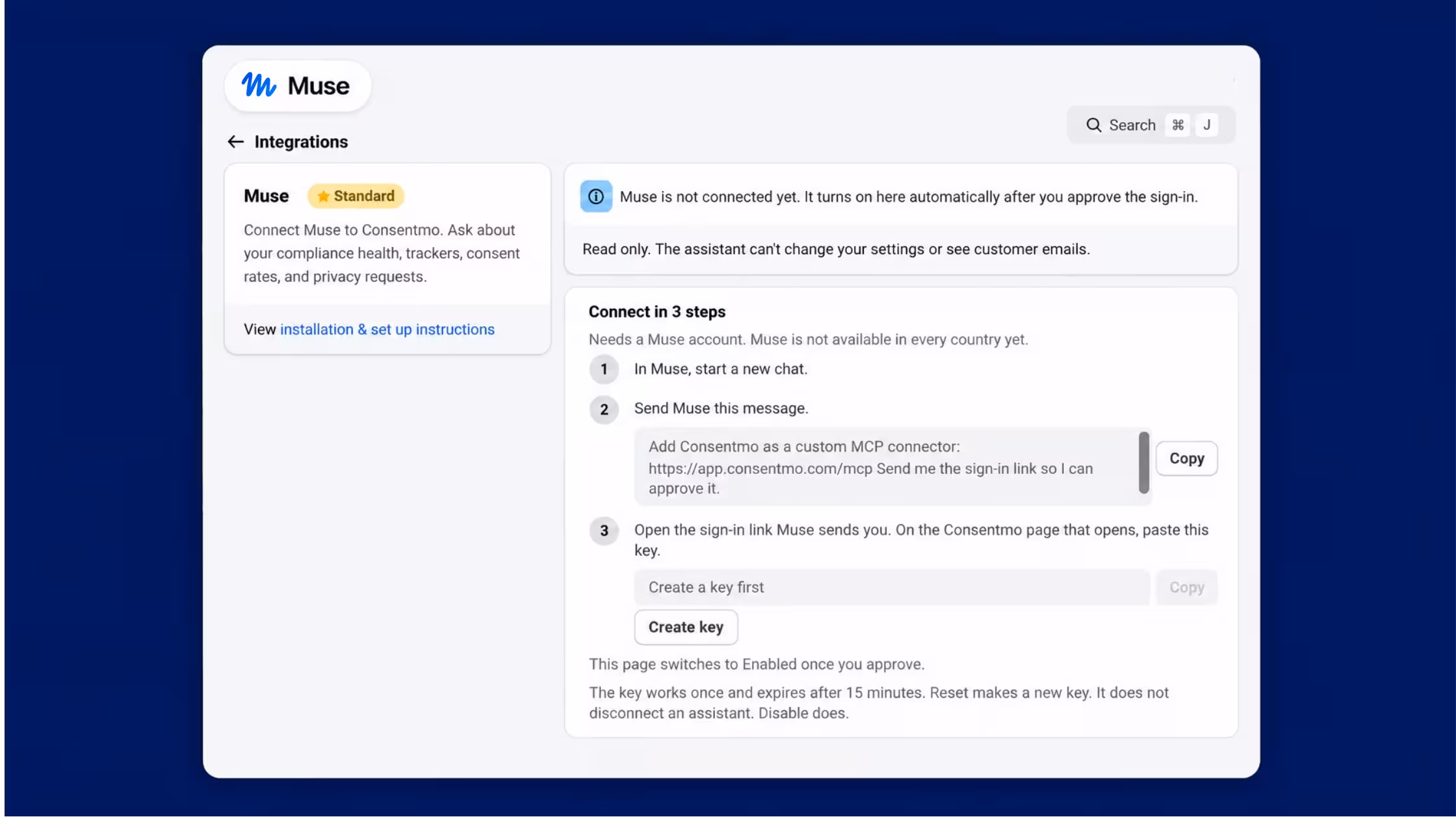 Muse Setup: Connect Muse to Consentmo in three steps for secure, read-only access to your compliance health, trackers, consent rates, and privacy requests.