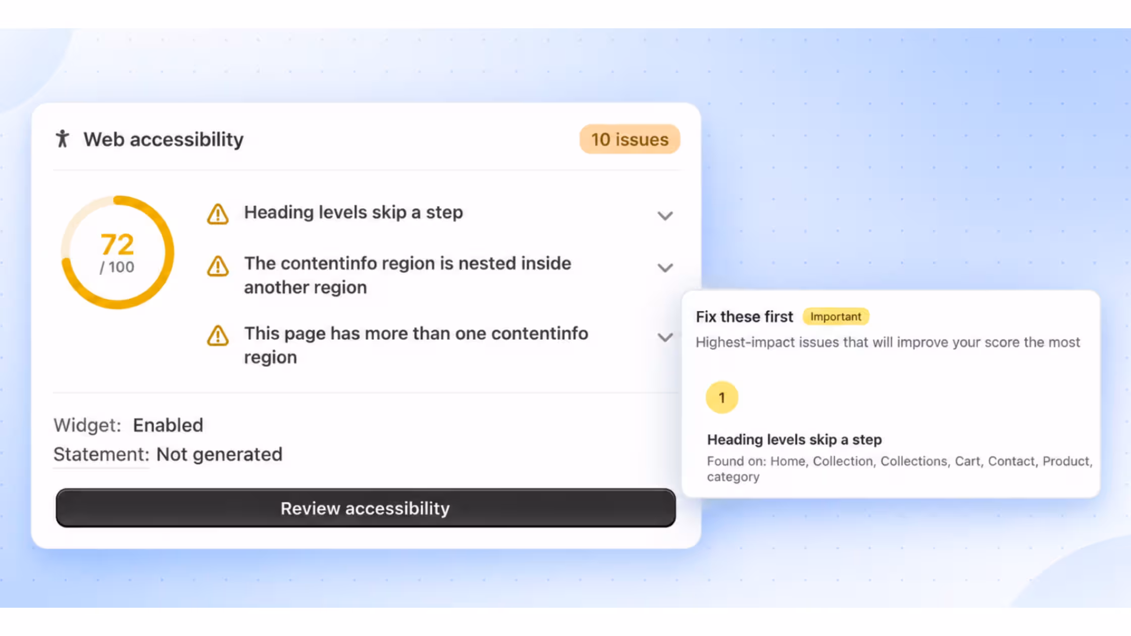 Accessibility Scanner: Find accessibility issues across your Shopify store and see which fixes to prioritize first.