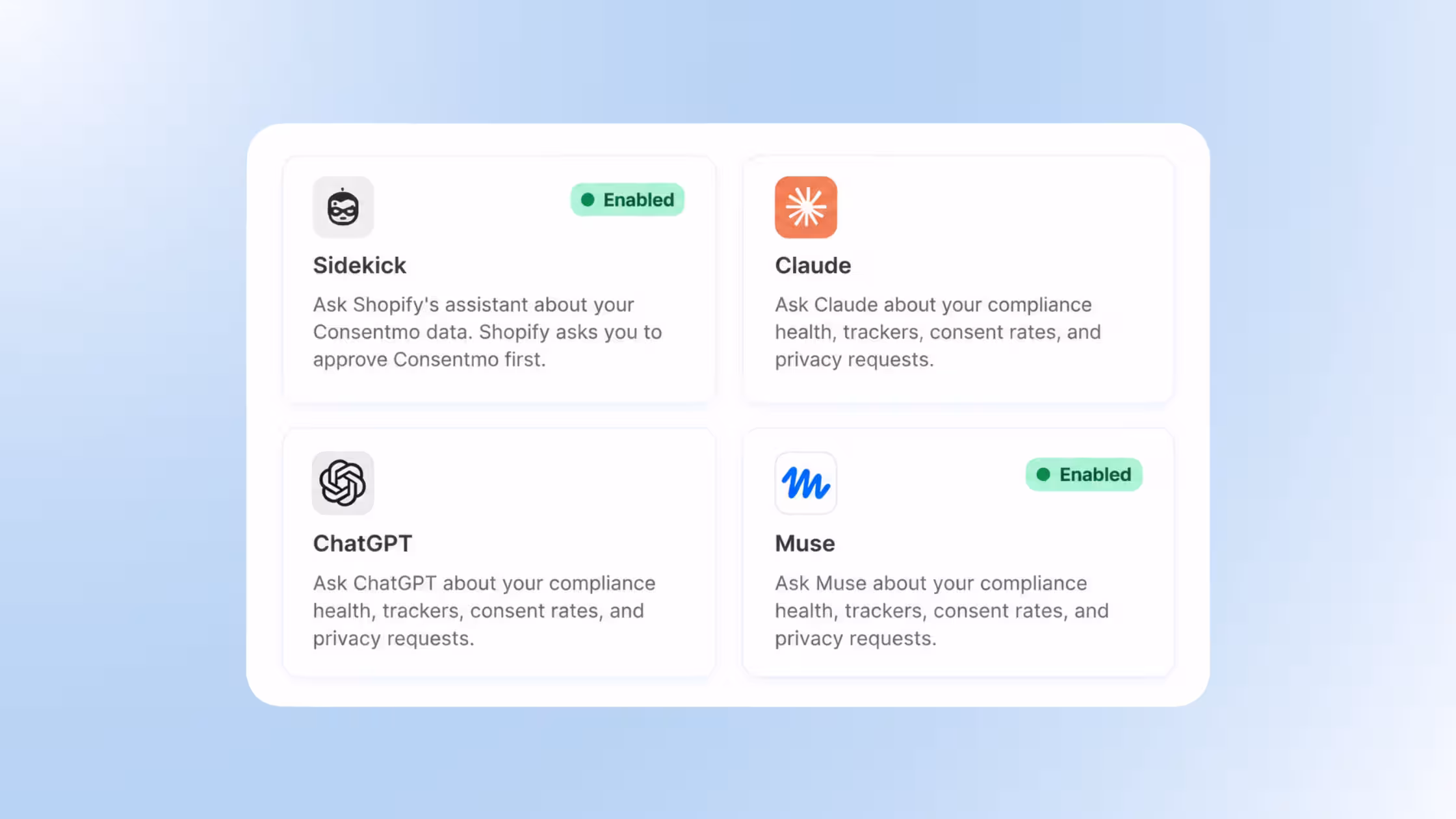 AI Integrations: Connect Consentmo with Sidekick, Claude, ChatGPT, and Muse to ask questions about your compliance data.