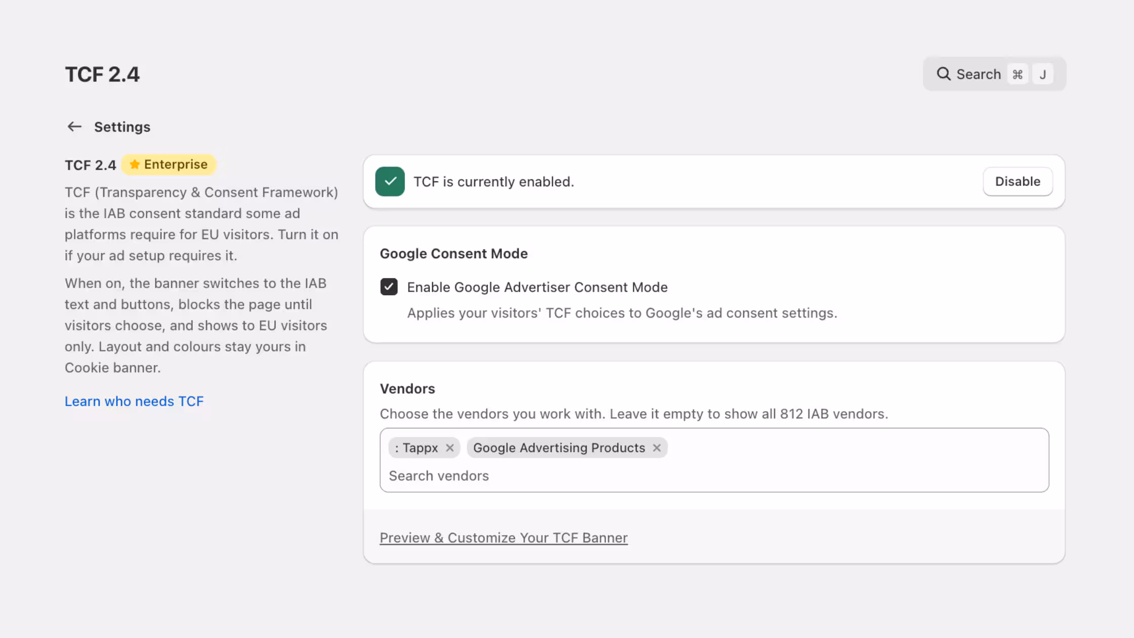 Consentmo TCF 2.4 settings with Google Consent Mode and IAB vendor selection for EU visitor consent.