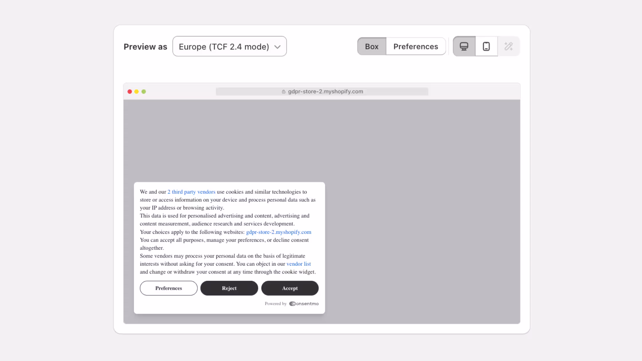 Consentmo TCF 2.4 cookie banner preview for Europe with Preferences, Reject, and Accept consent options.